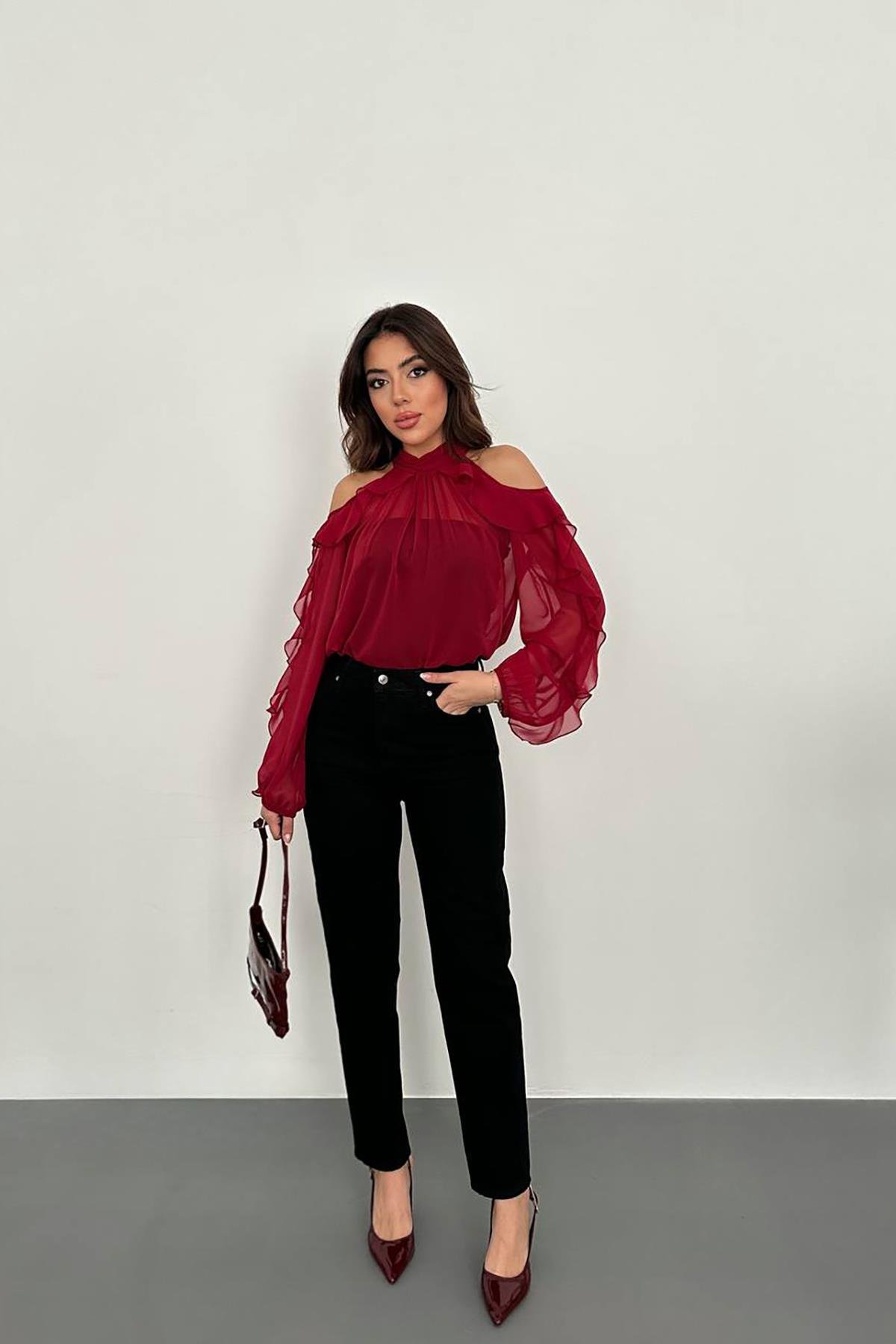 Toptan Bordo Omuzları Açık Bluz