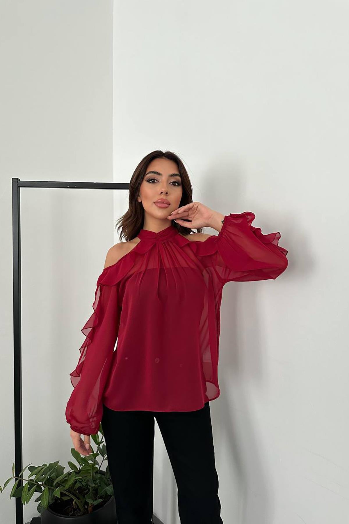 Toptan Bordo Omuzları Açık Bluz