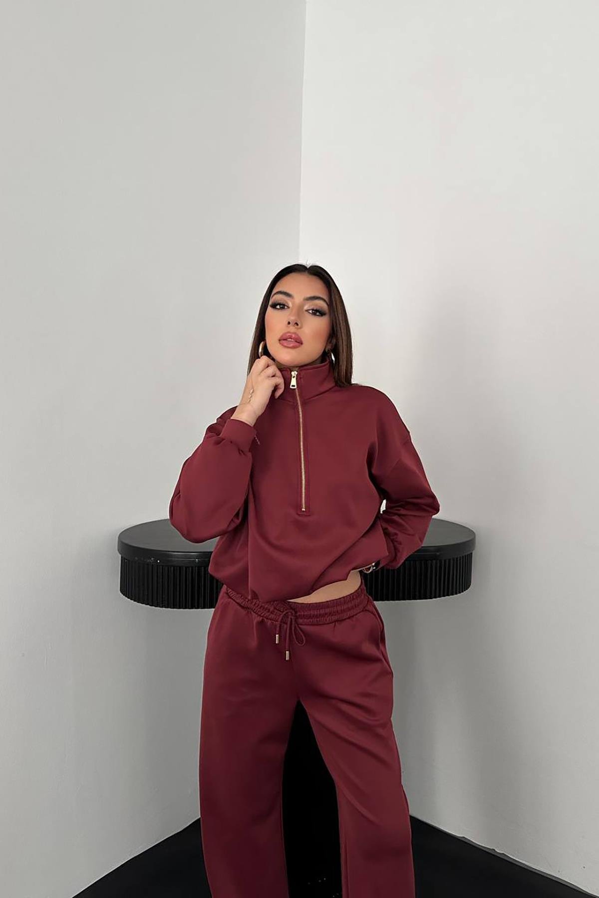 Toptan Bordo Önü Fermuarlı Scuba Takım