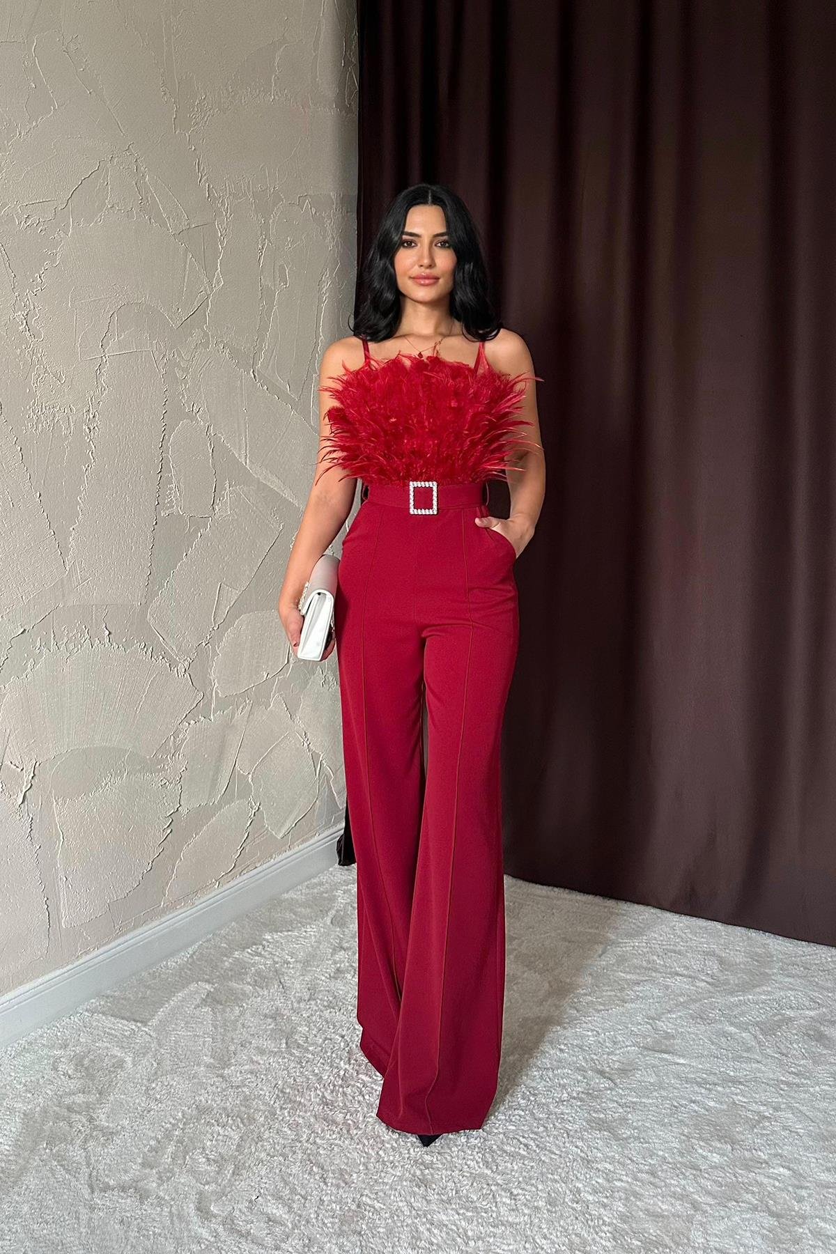 Toptan Bordo Otriş Detaylı Kemerli Tulum