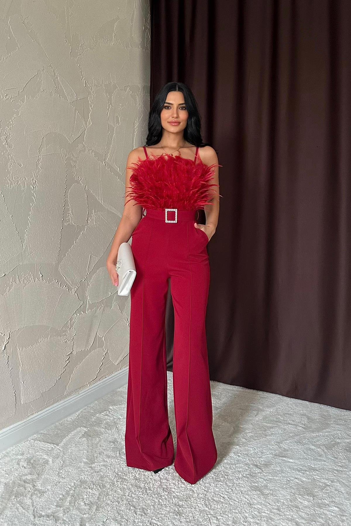 Toptan Bordo Otriş Detaylı Kemerli Tulum