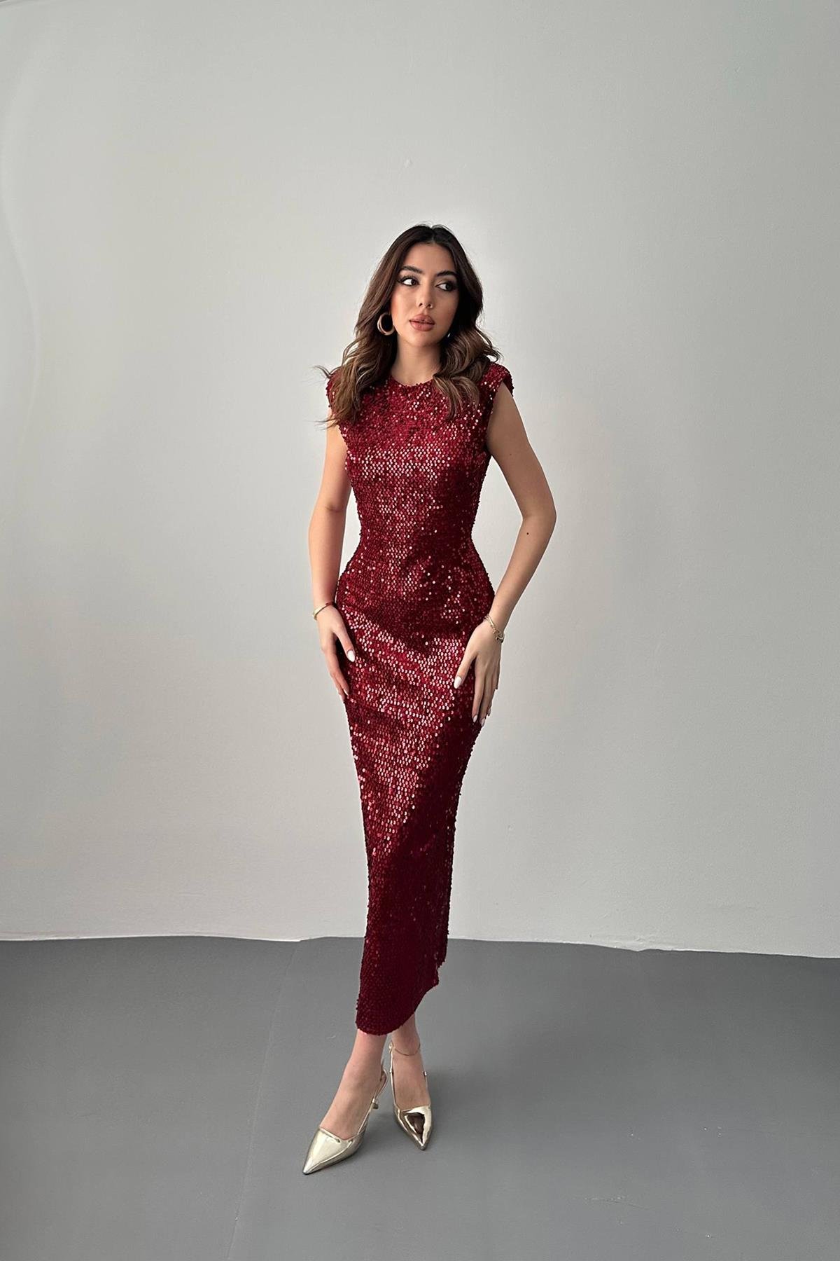 Toptan Bordo Pul Payetli Vatkalı Elbise