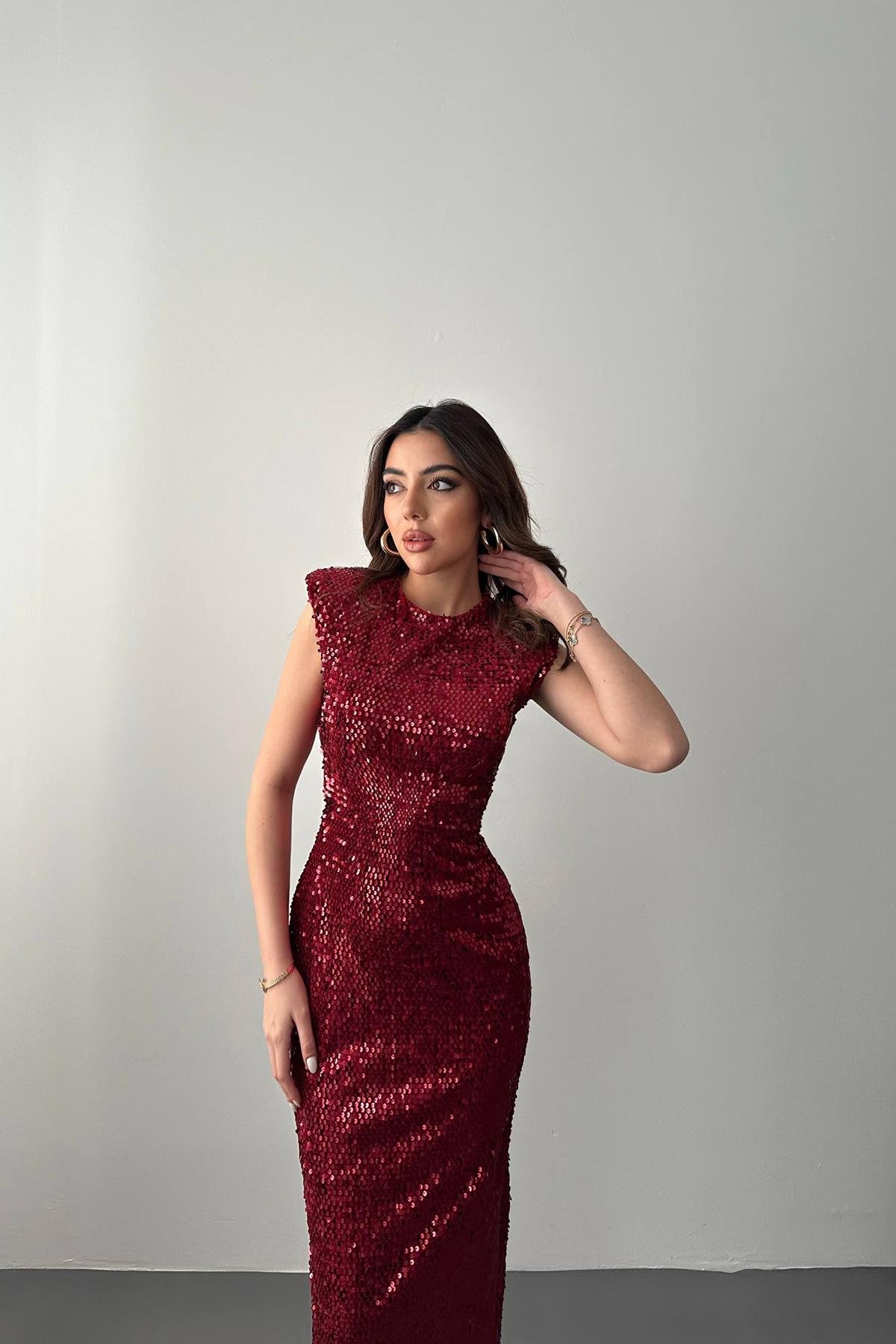 Toptan Bordo Pul Payetli Vatkalı Elbise
