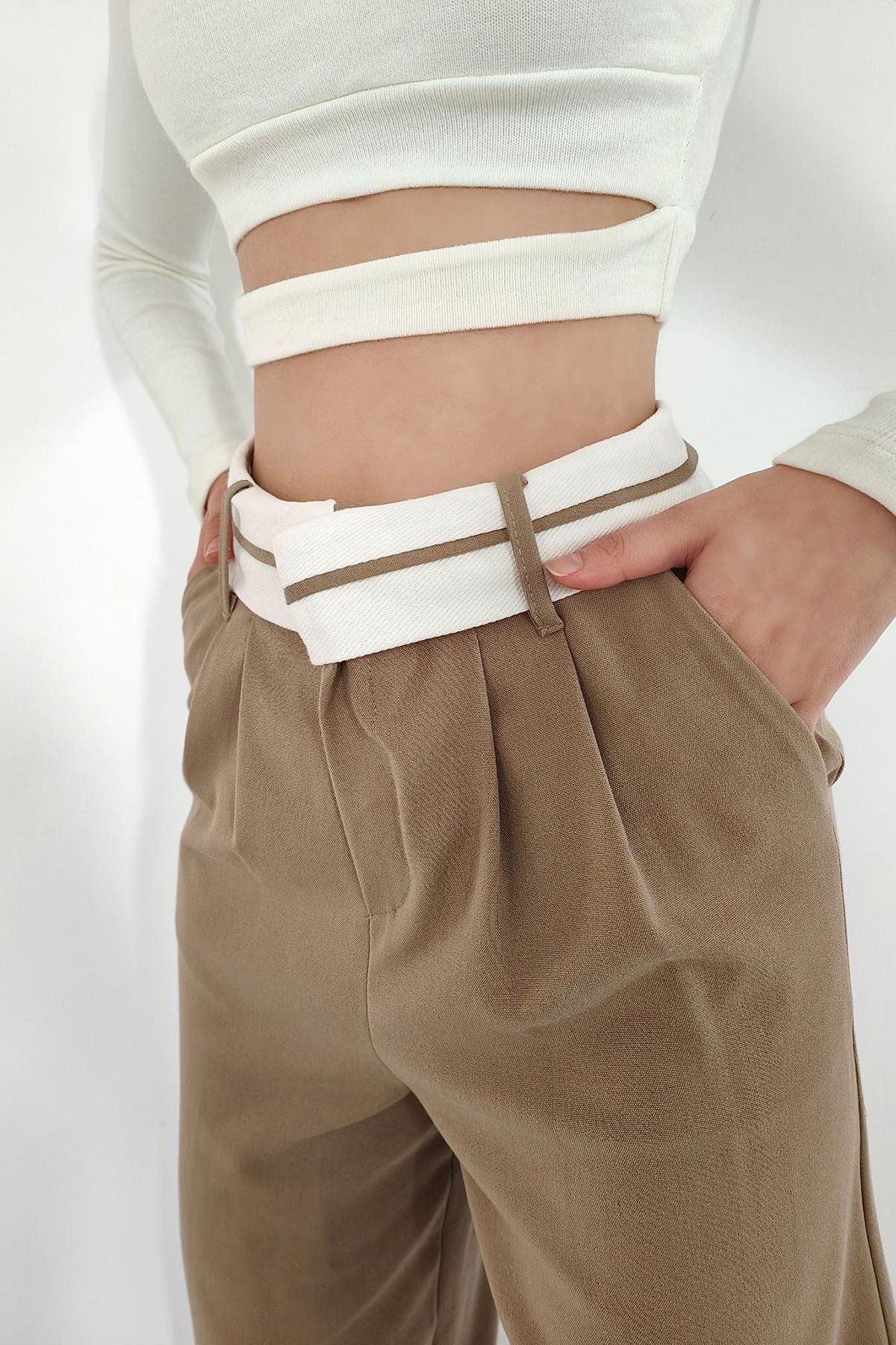 Toptan Camel Bel Detaylı Pantolon