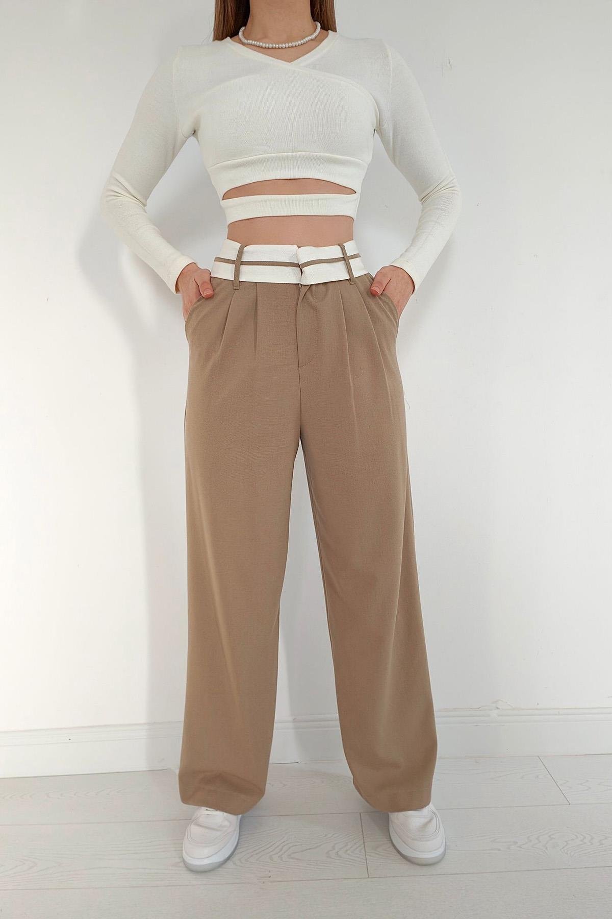Toptan Camel Bel Detaylı Pantolon