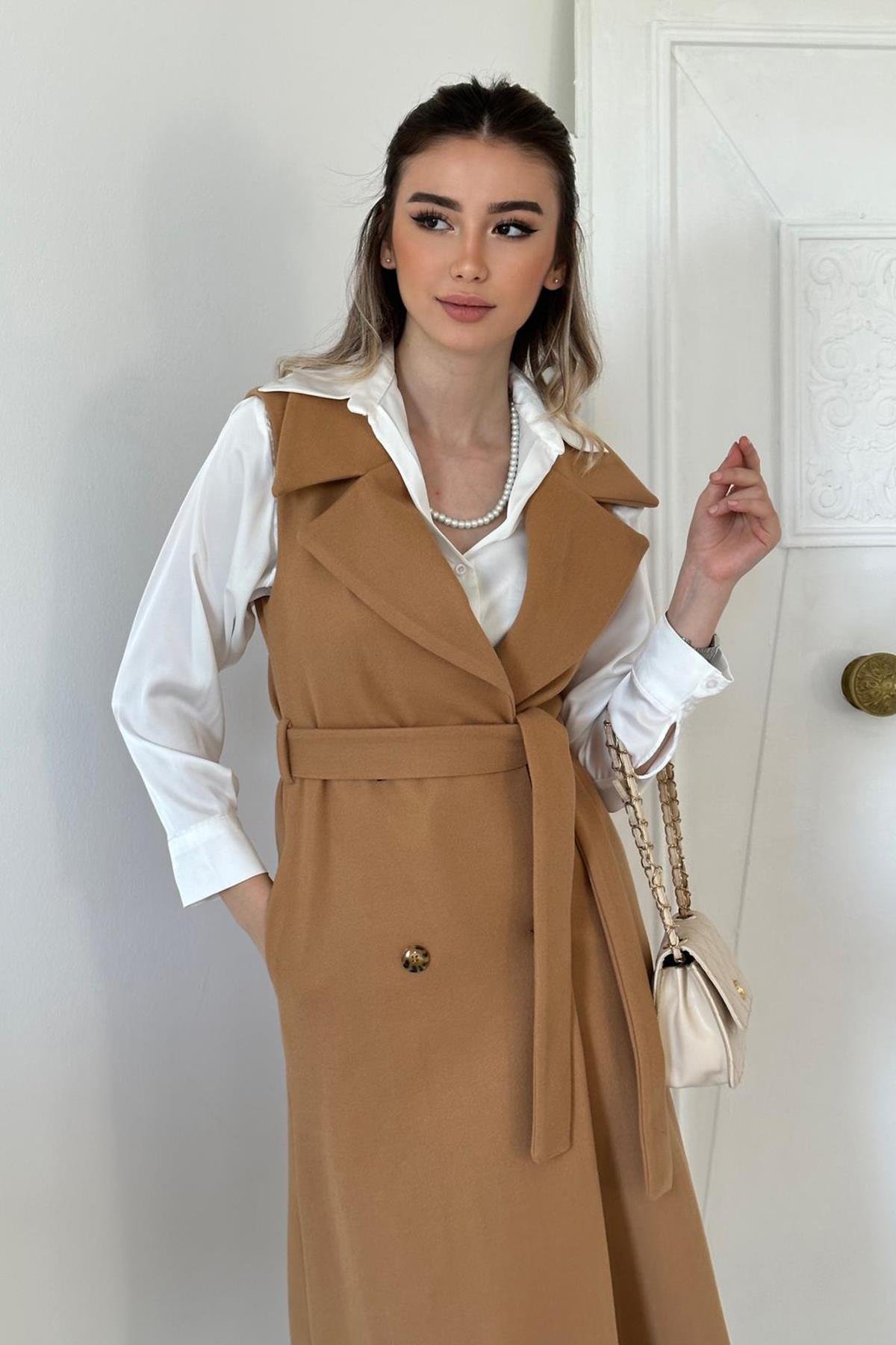 Wholesale Camel Sleeveless Cashmere Women's Coat