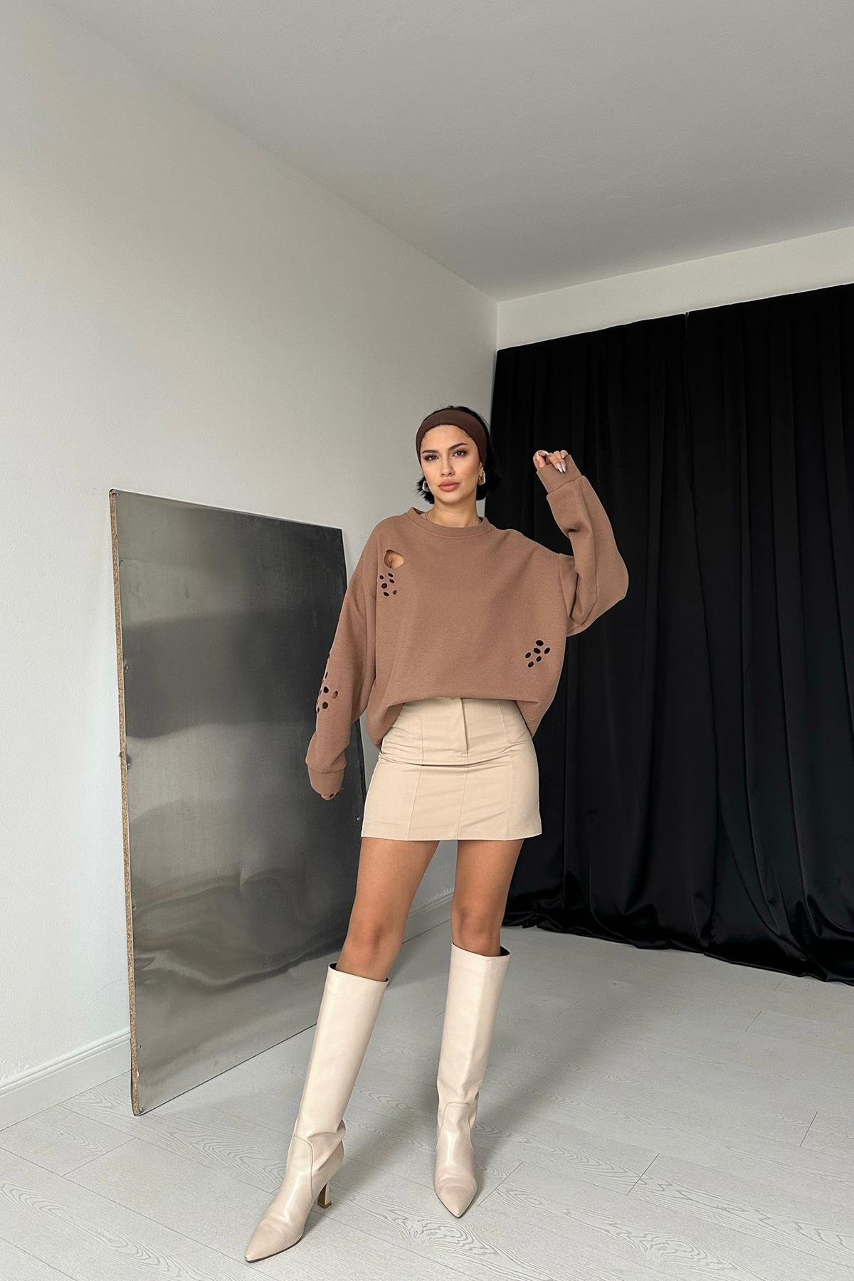 Toptan Camel Lazer Kesim Bluz