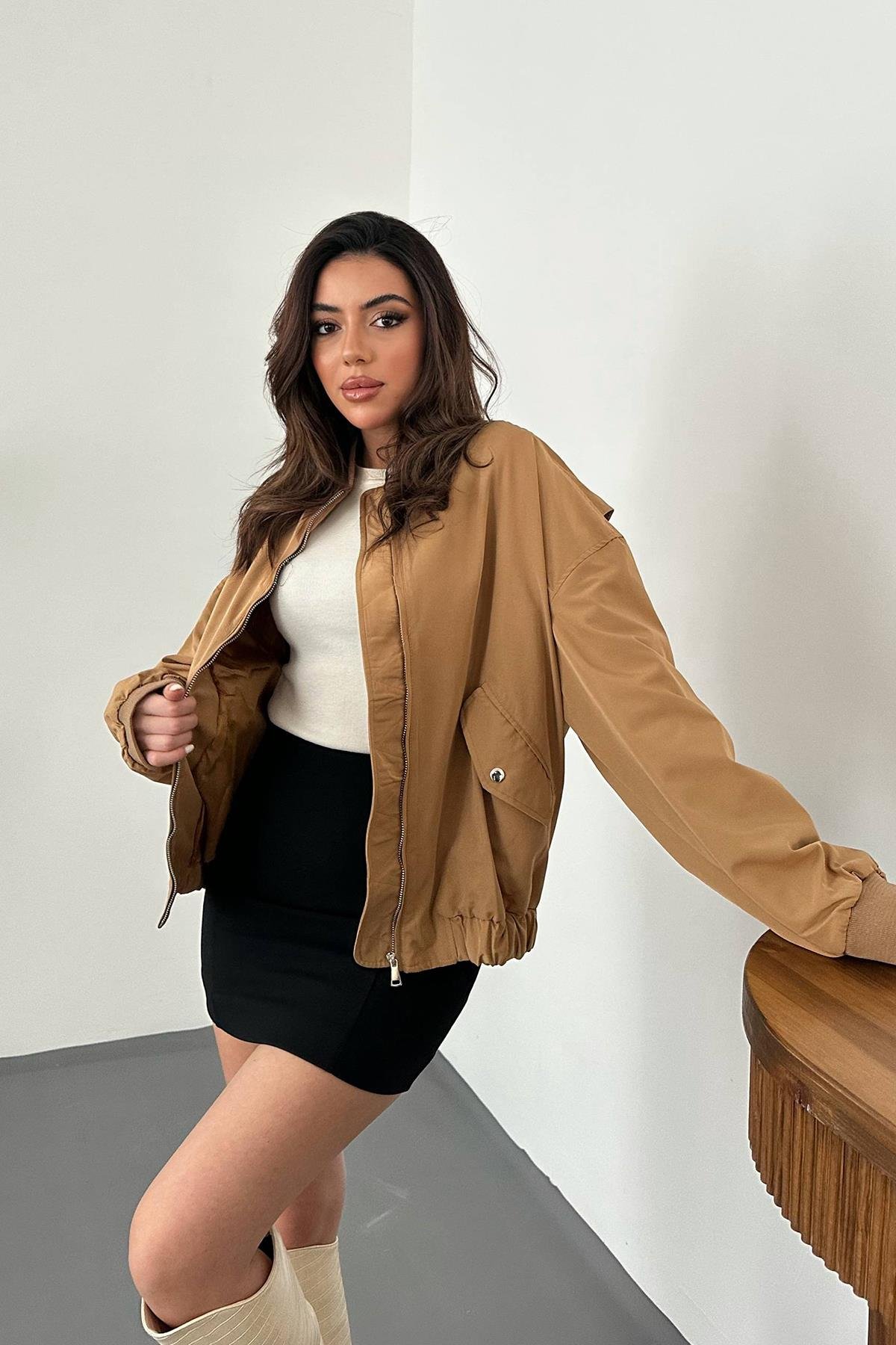 Toptan Camel Parçalı Bomber Ceket