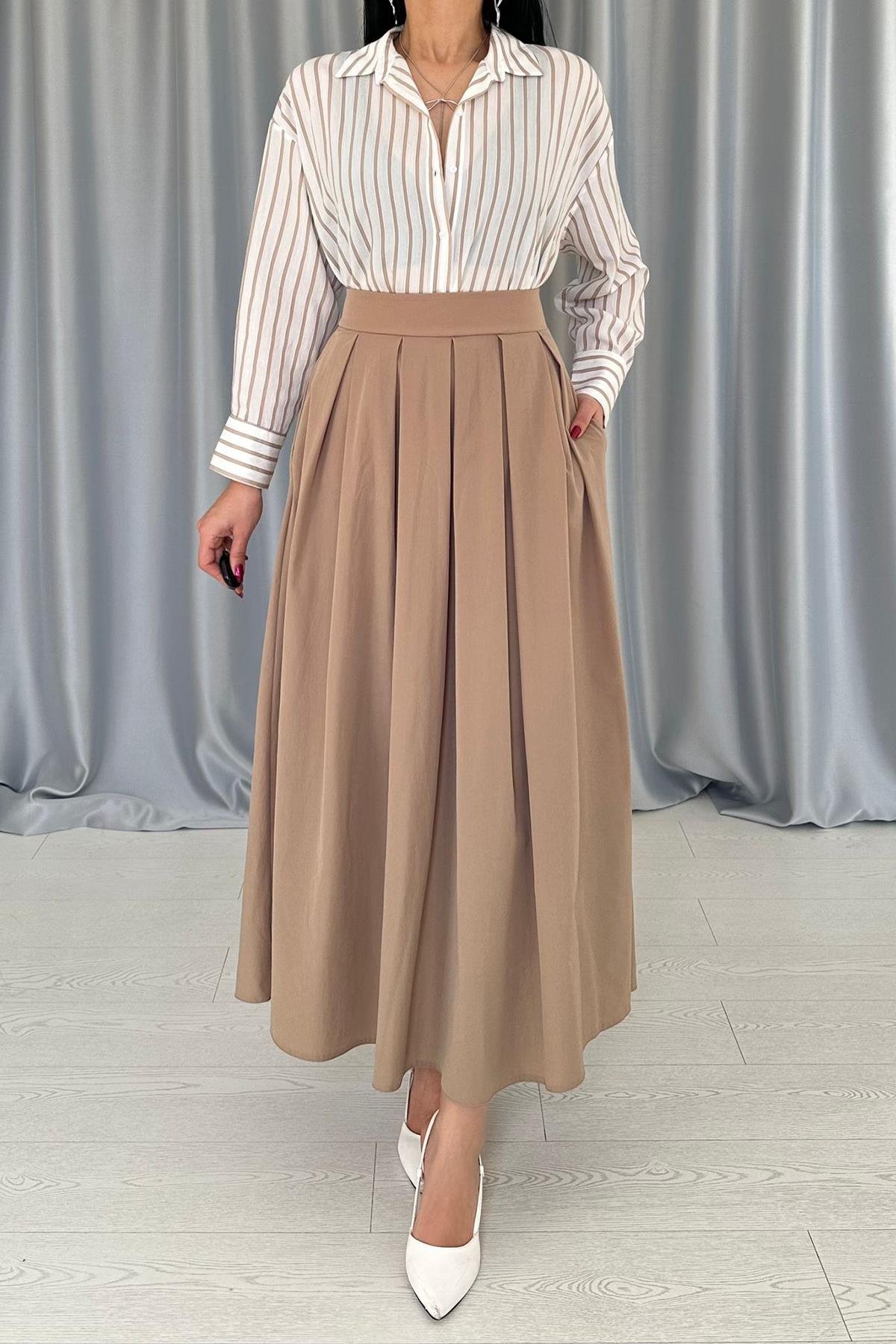 Toptan Camel Uzun Pileli Etek