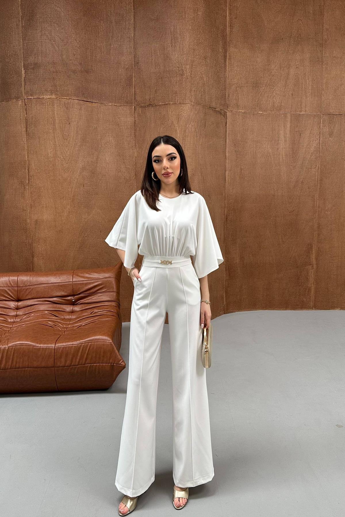 Toptan Ekru Bel Büzgülü Kemerı Aksesuarlı Yarasa Kol Tulum