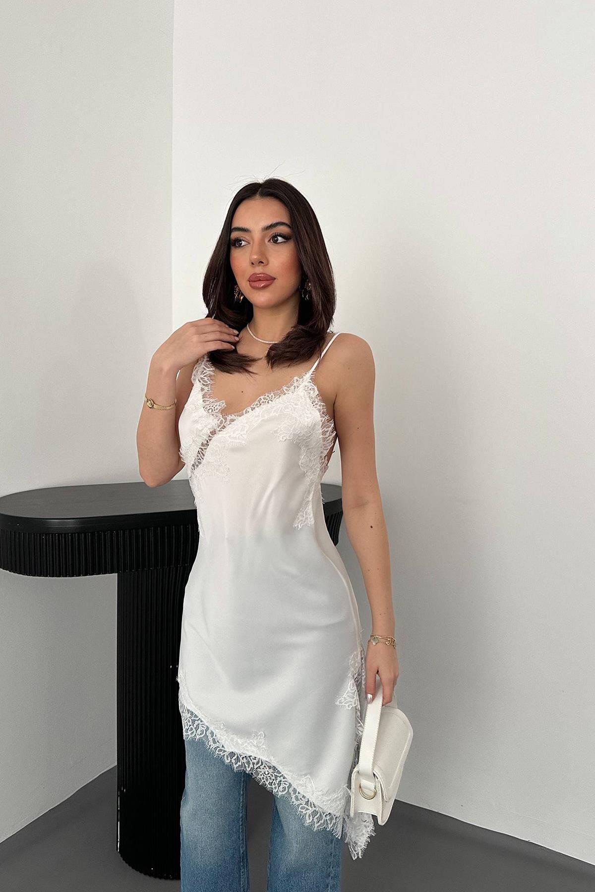 Toptan Ekru Dantelli Elbise