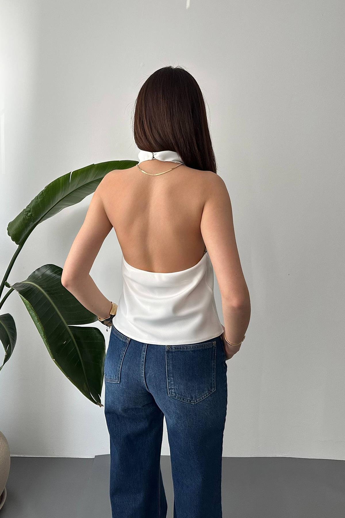 Toptan Ekru Degaje Saten Bluz