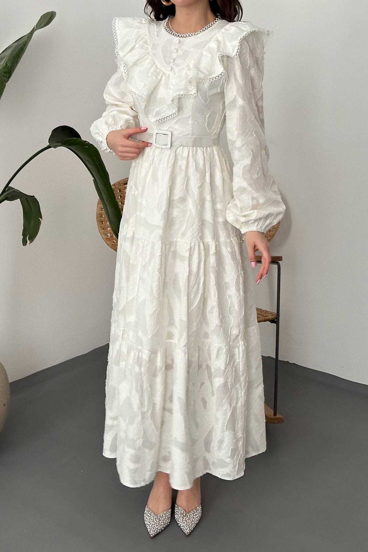 Toptan Ekru Fırfırlı Brodeli Elbise