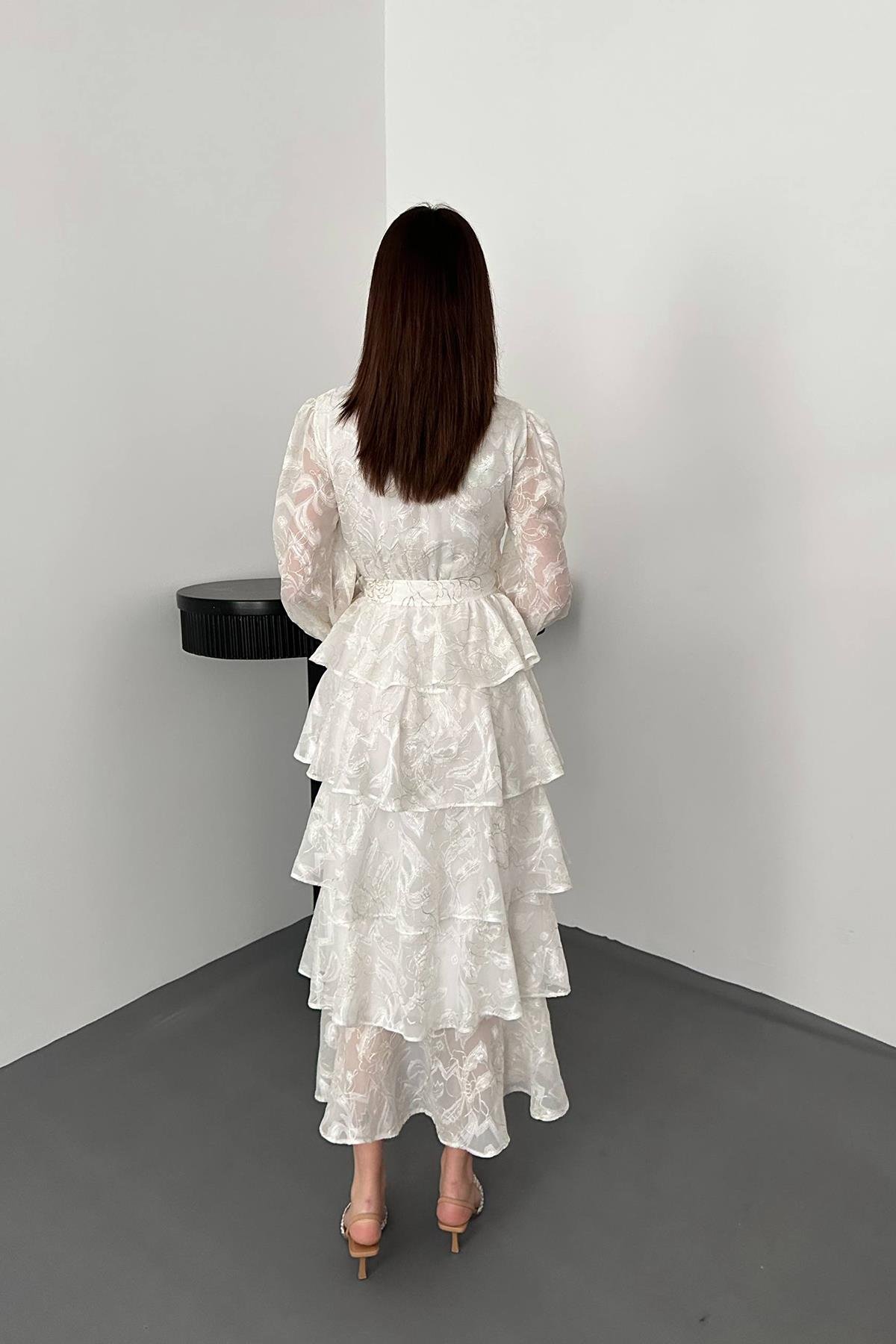 Toptan EKRU Kat Kat Jakarlı Elbise