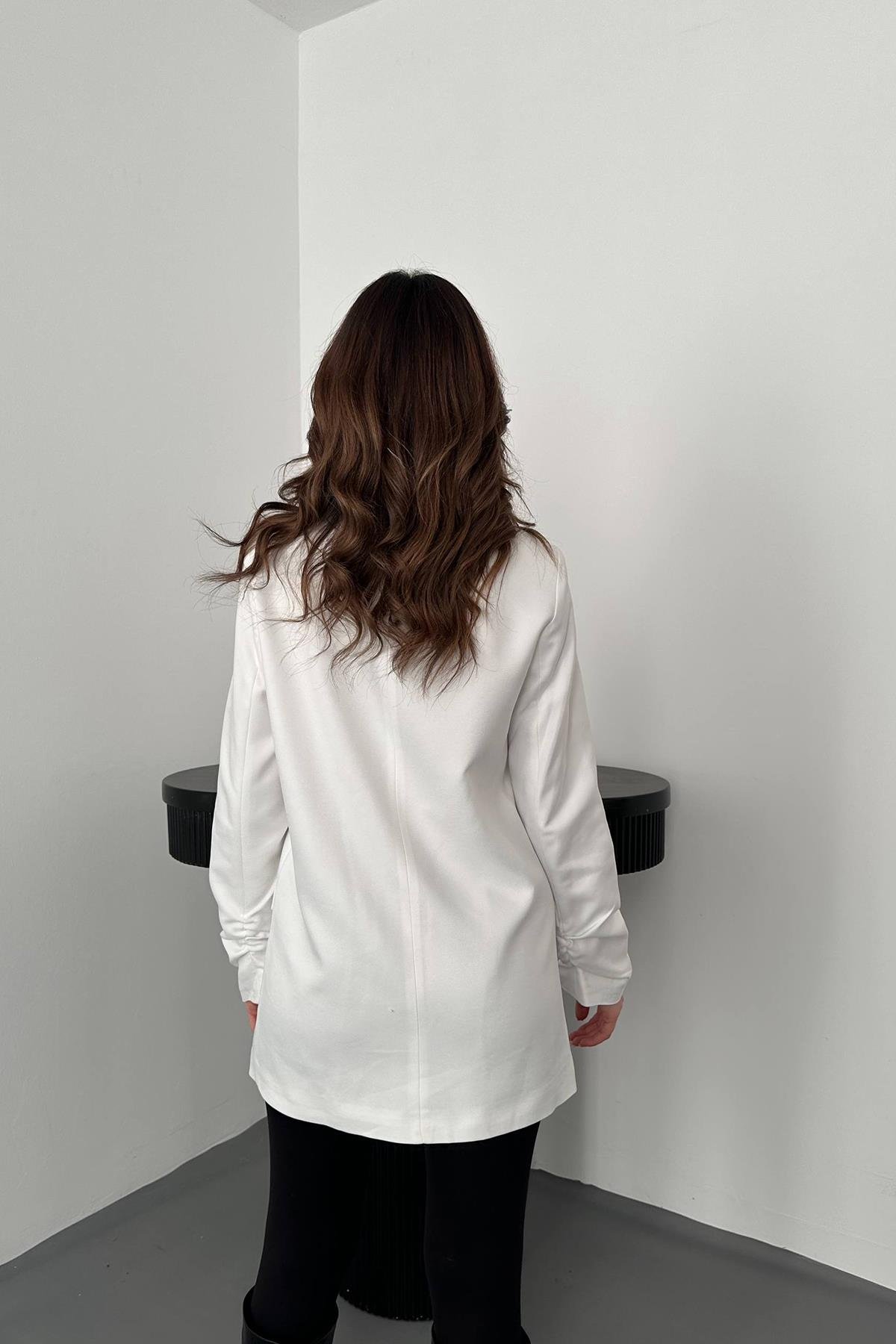 Toptan Ekru Kol Ucu Büzgülü Atlas Ceket