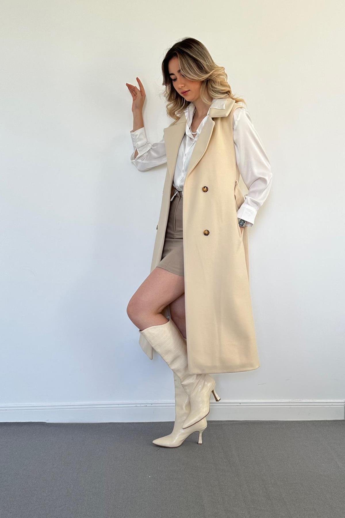 Wholesale Ecru Sleeveless Cashmere Women's Coat