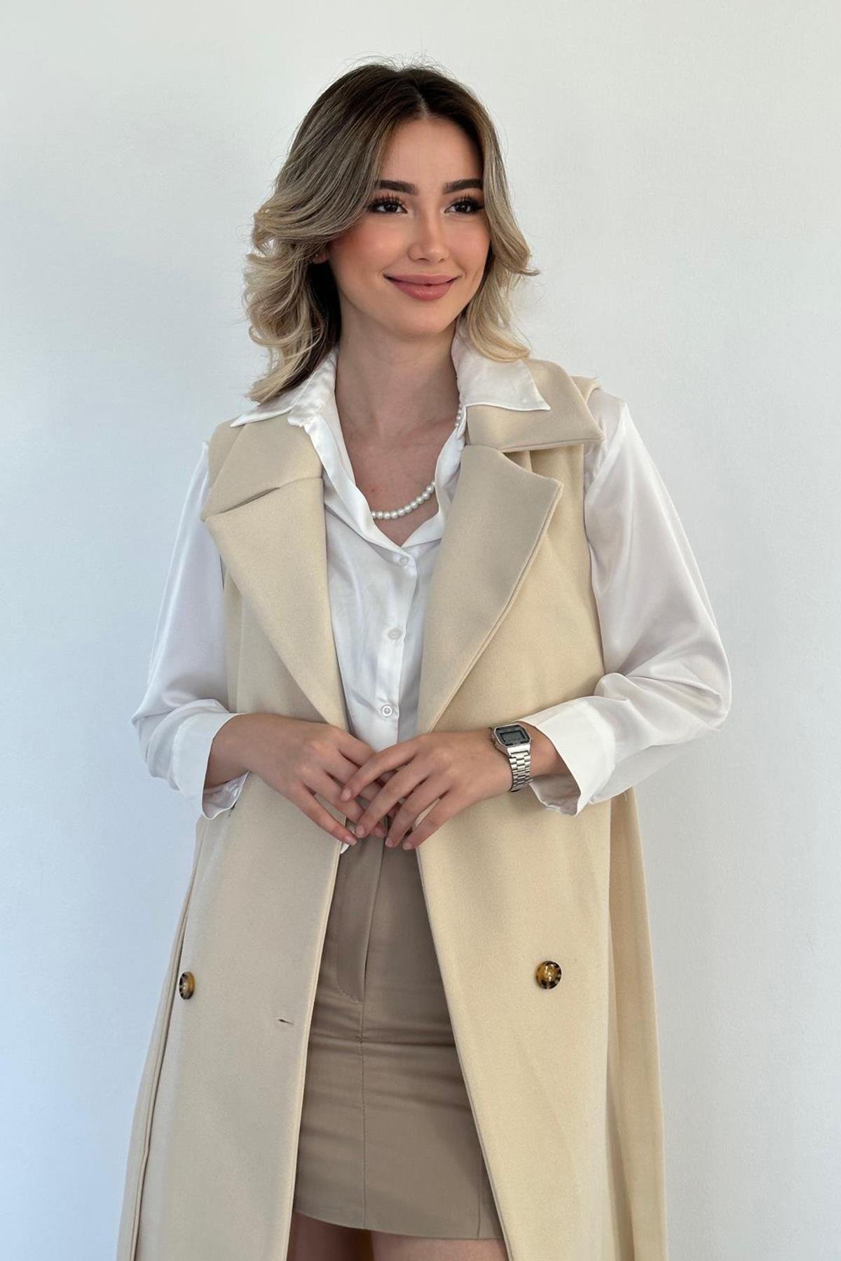 Wholesale Ecru Sleeveless Cashmere Women's Coat