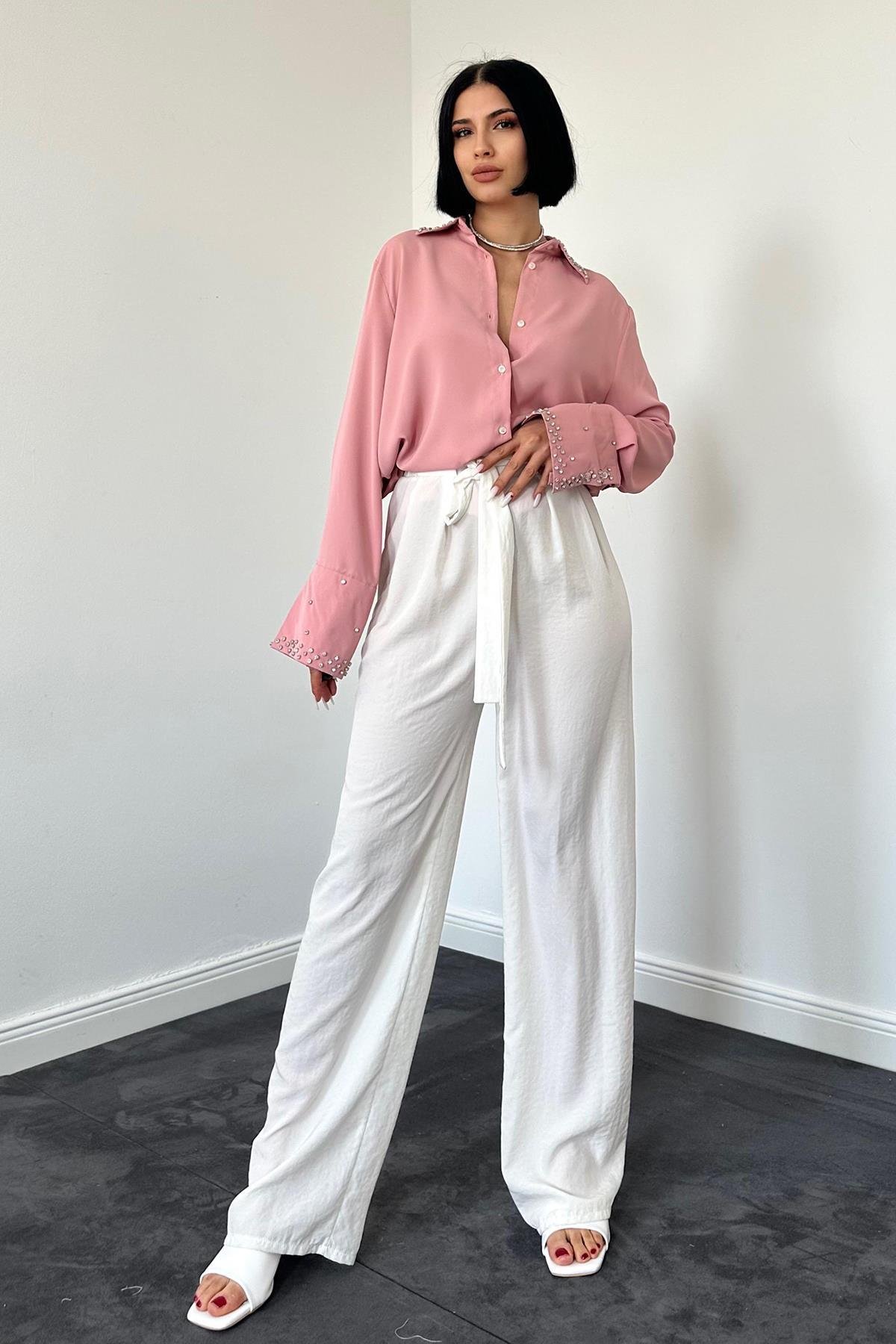 Toptan Ekru Kuşaklı Pantolon