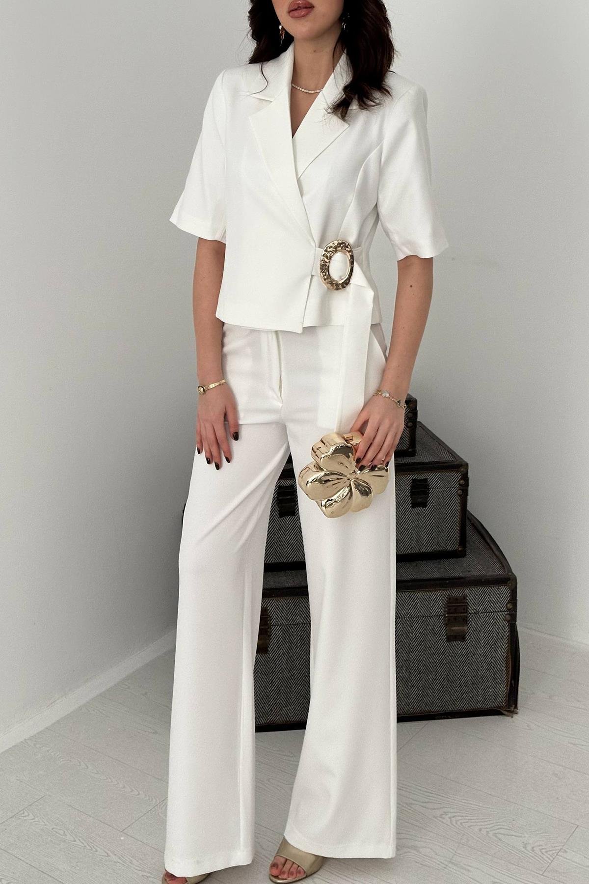 Toptan Ekru Tek Tokalı Ceket Ve Pantolon Takım