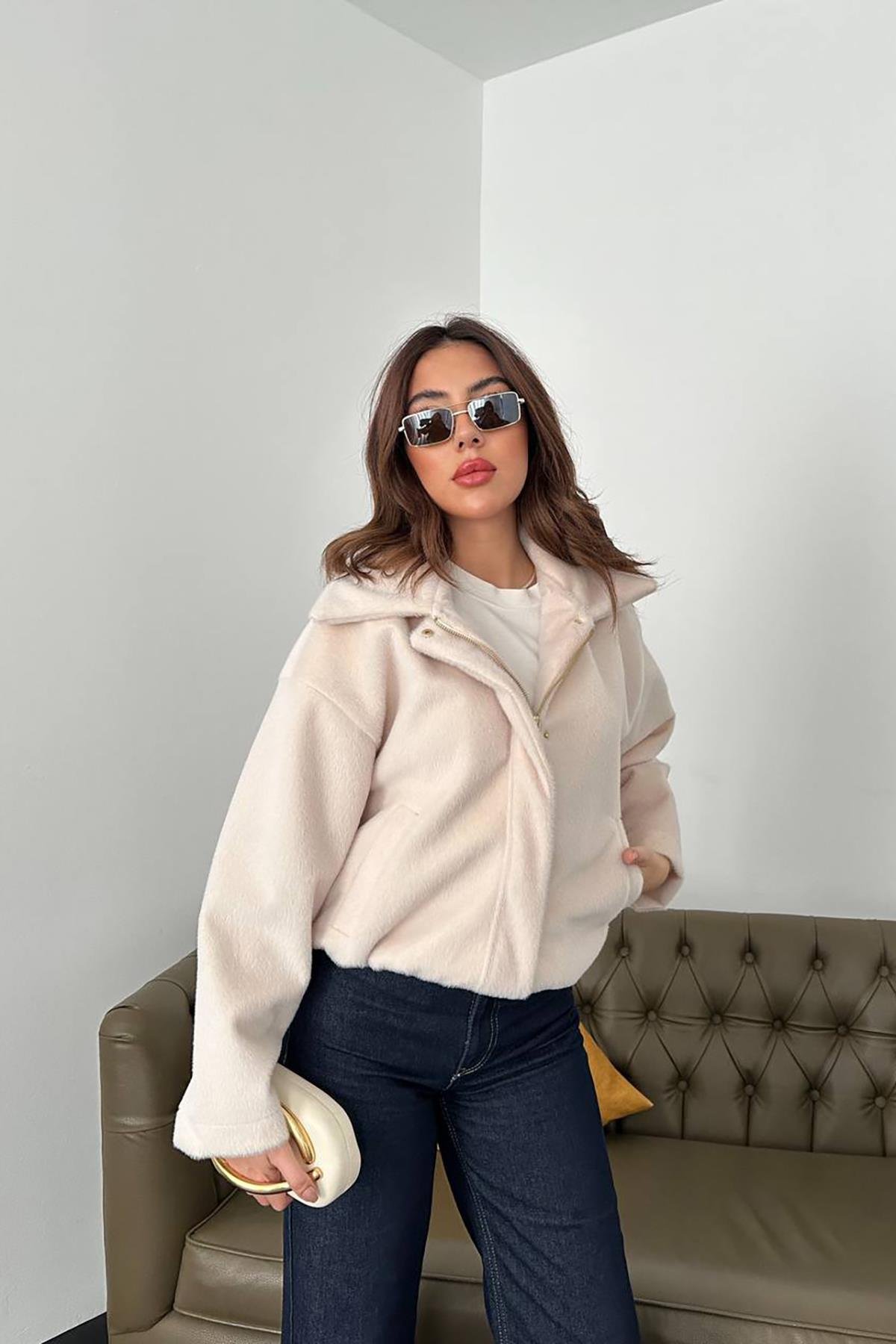 Toptan Ekru Tüylü Bomber Ceket