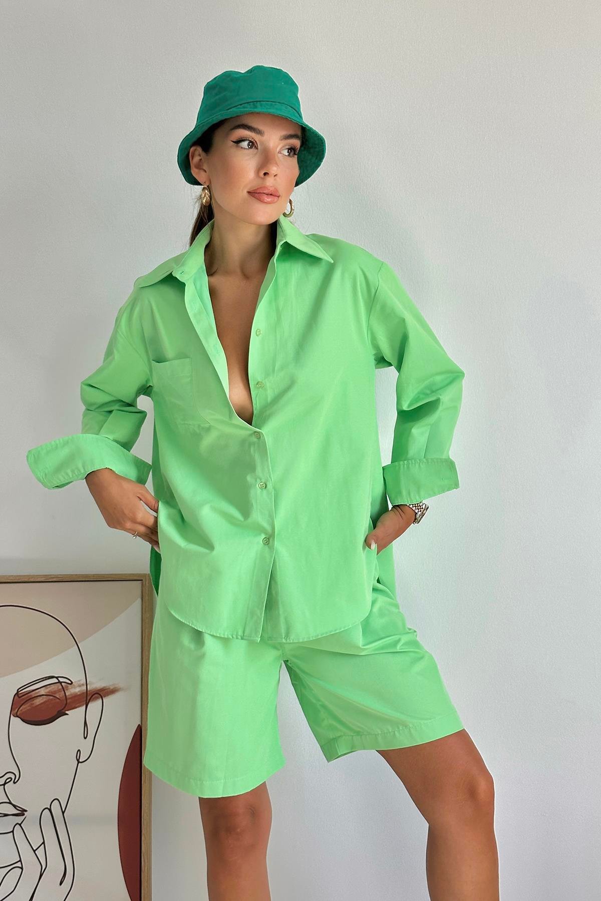 Toptan Fıstık Yeşili Önü Cepli Gömlek ve Şort Takım