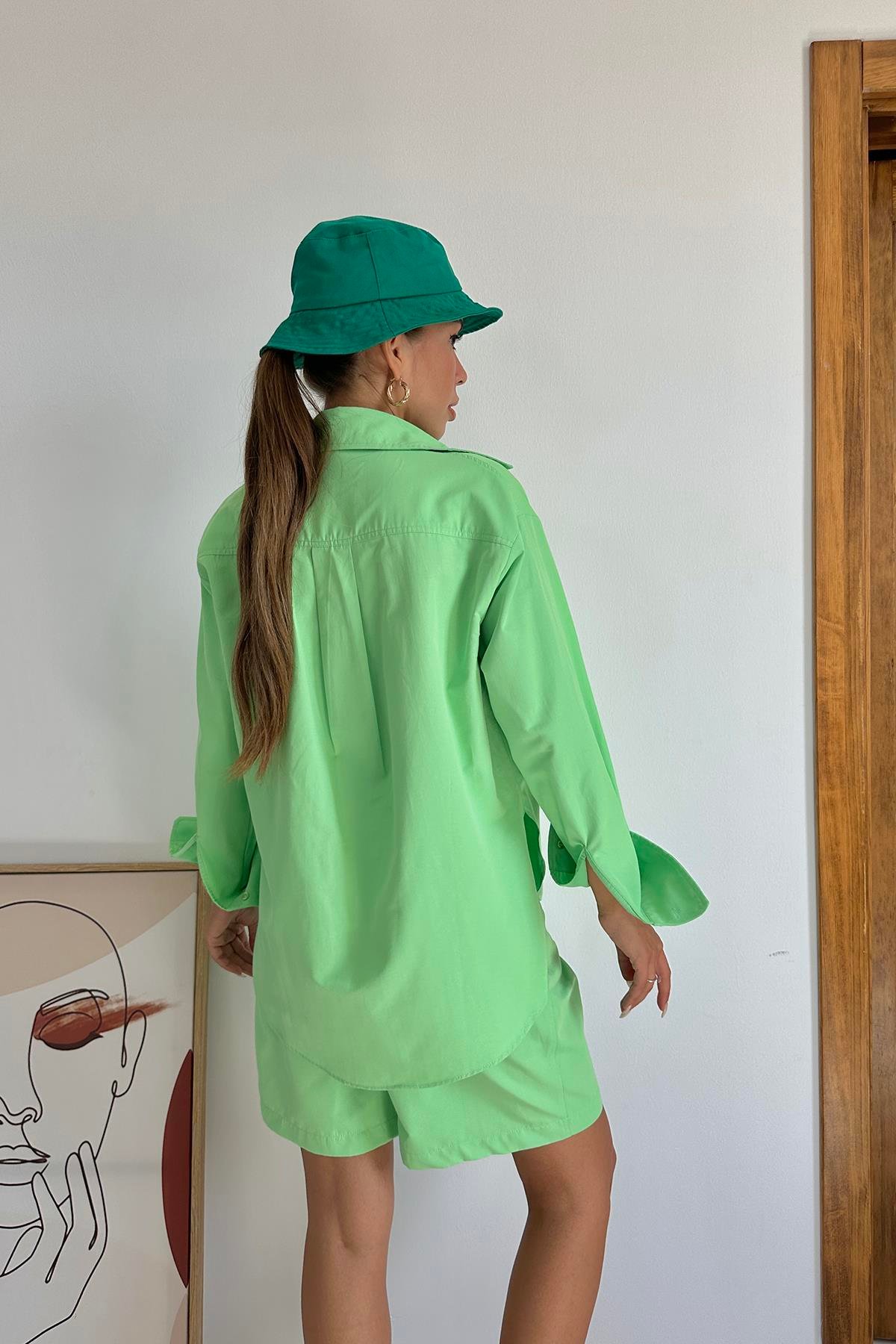 Toptan Fıstık Yeşili Önü Cepli Gömlek ve Şort Takım