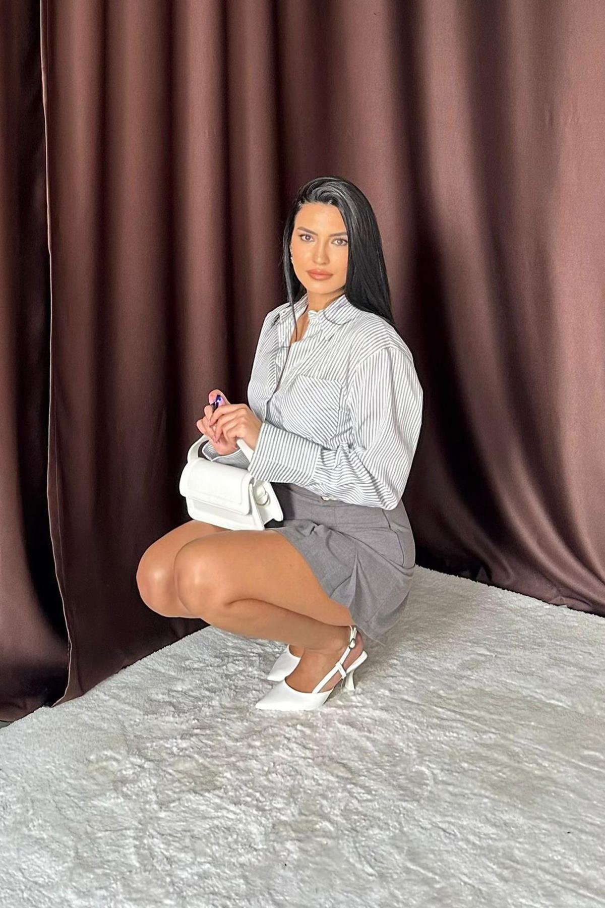 Toptan Füme Düğme Detaylı Pileli Etek