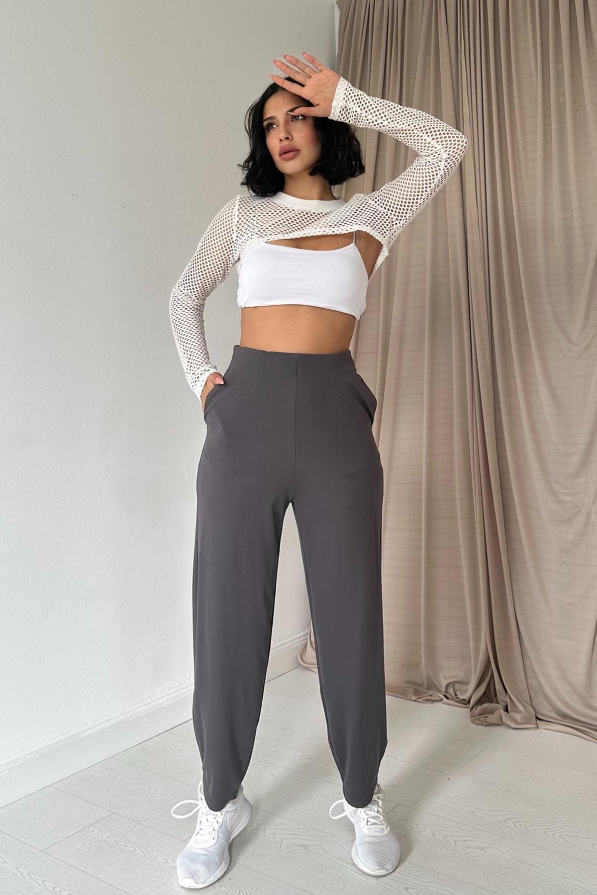 Toptan Füme Pensli Lastik Detaylı Pantolon
