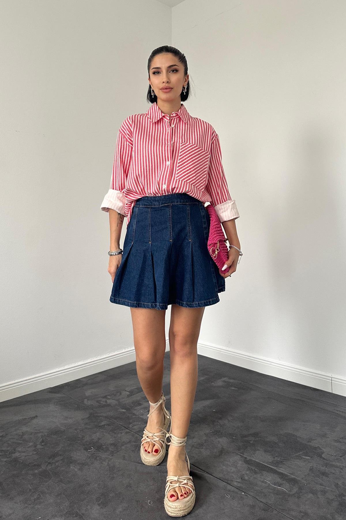 Toptan Fuşya Çizgili Gabardin Yırtmaçlı Tek Cepli Gömlek