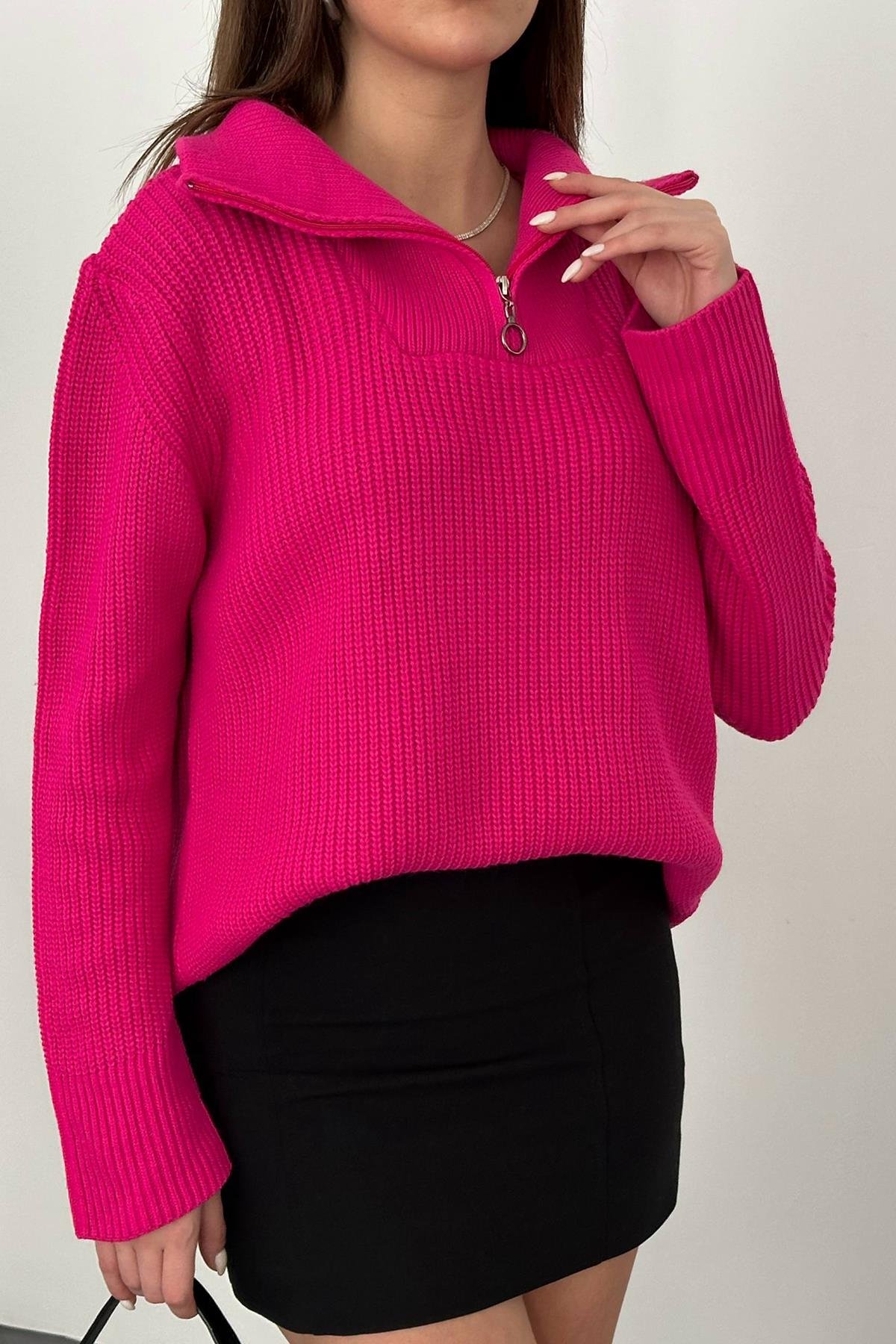 Toptan Fuşya Fermuarlı ve Boğazlı Triko Kazak