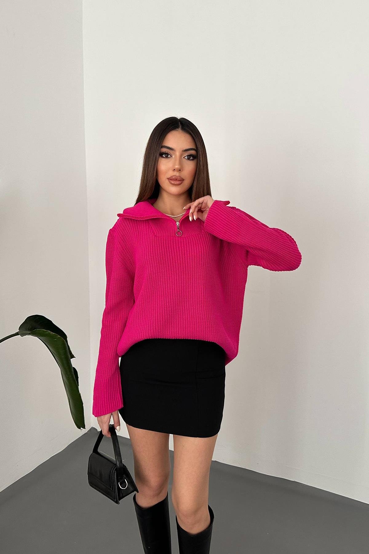 Toptan Fuşya Fermuarlı ve Boğazlı Triko Kazak