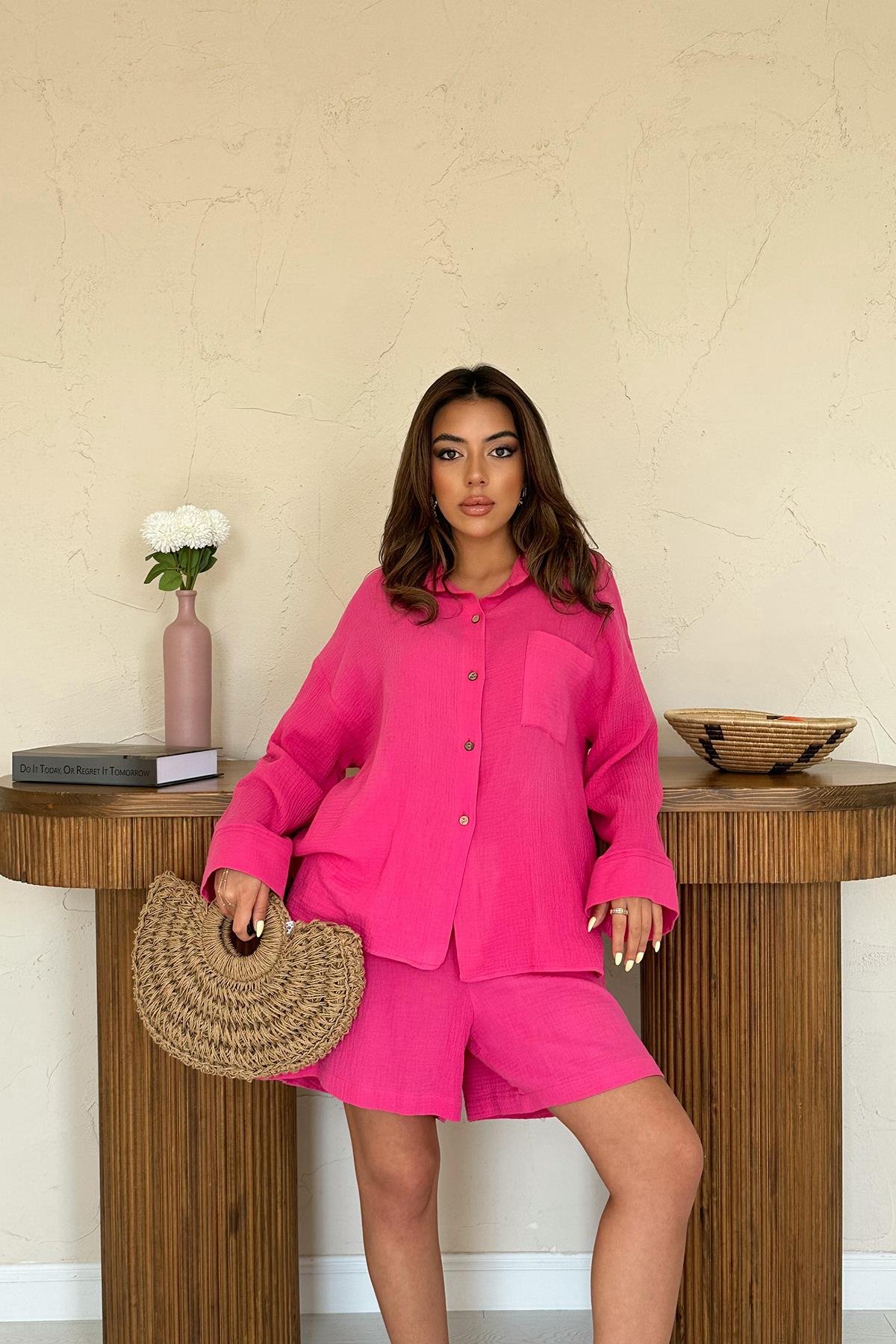 Toptan Fuşya Gömlek ve Müslin Şort Takım
