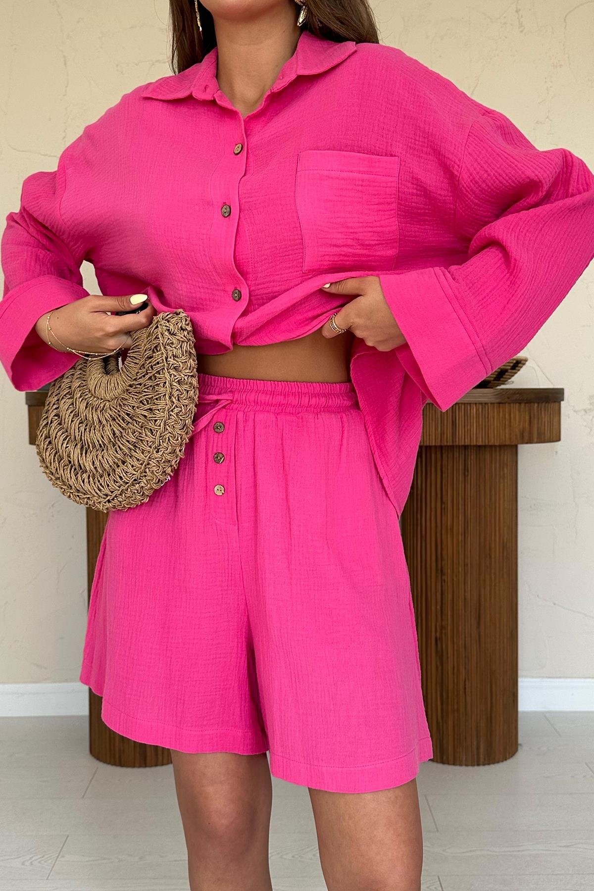 Toptan Fuşya Gömlek ve Müslin Şort Takım