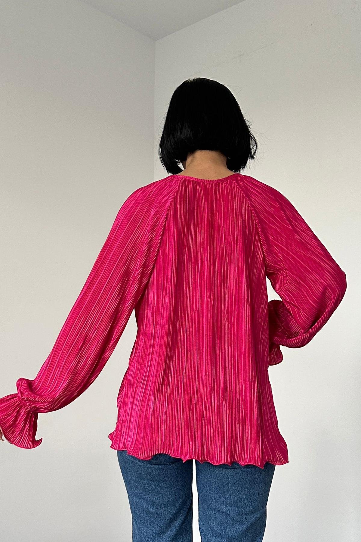 Toptan Fuşya Reglan Kol Piliseli Bluz