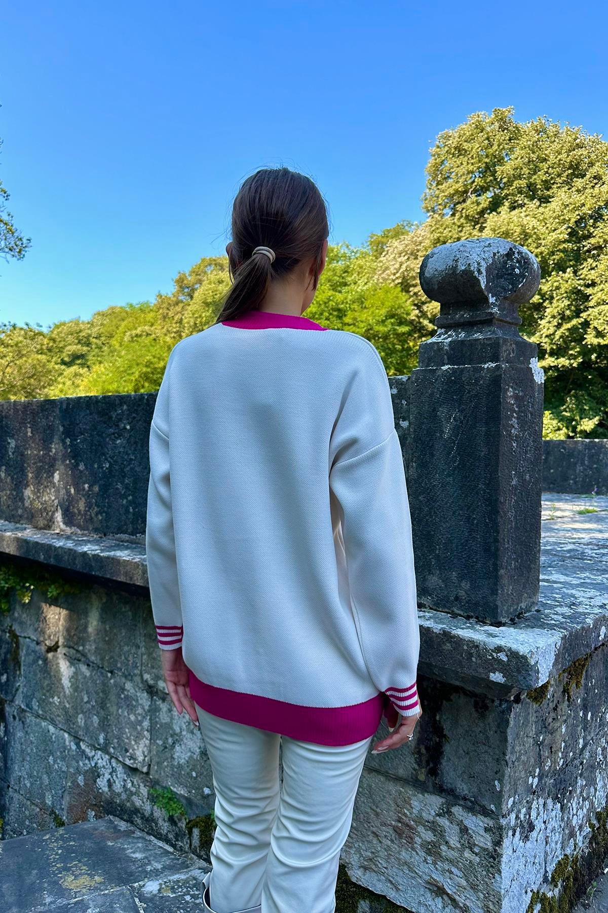 Toptan Fuşya Yaka ve Manşet Garnili Triko Kazak