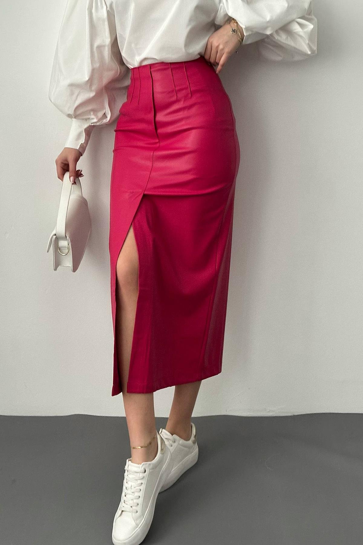 Оптовая продажа юбки цвета фуксии с разрезом и вышивкой