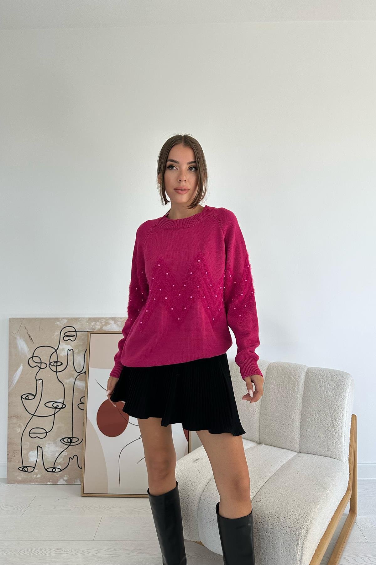 Toptan Fuşya Zikzak Boncuklu Triko Kazak