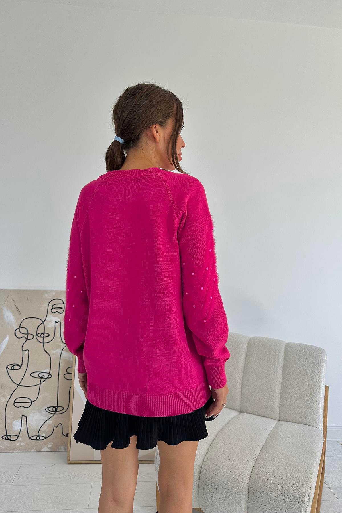 Toptan Fuşya Zikzak Boncuklu Triko Kazak