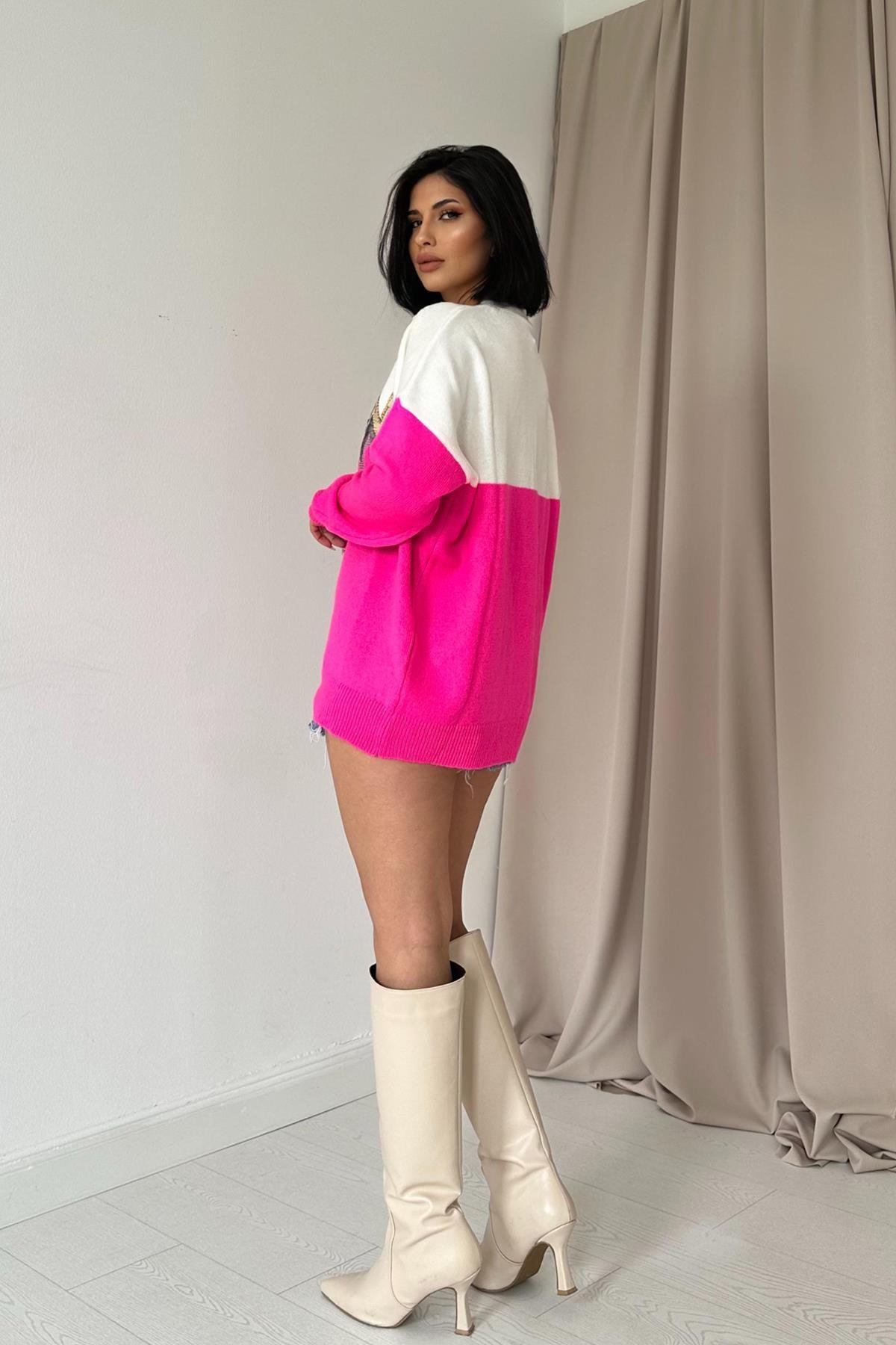 Toptan Fuşya Zikzak Desenli Triko Kazak