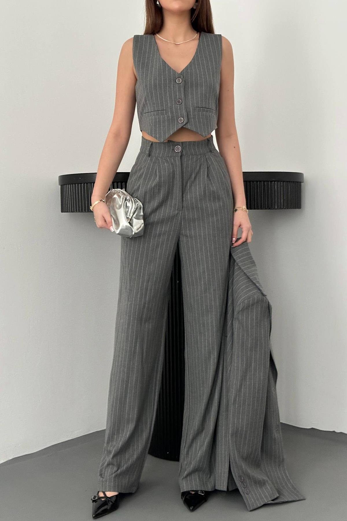 Toptan Gri Çizgili Ceket & Yelek ve Pantolon Takım