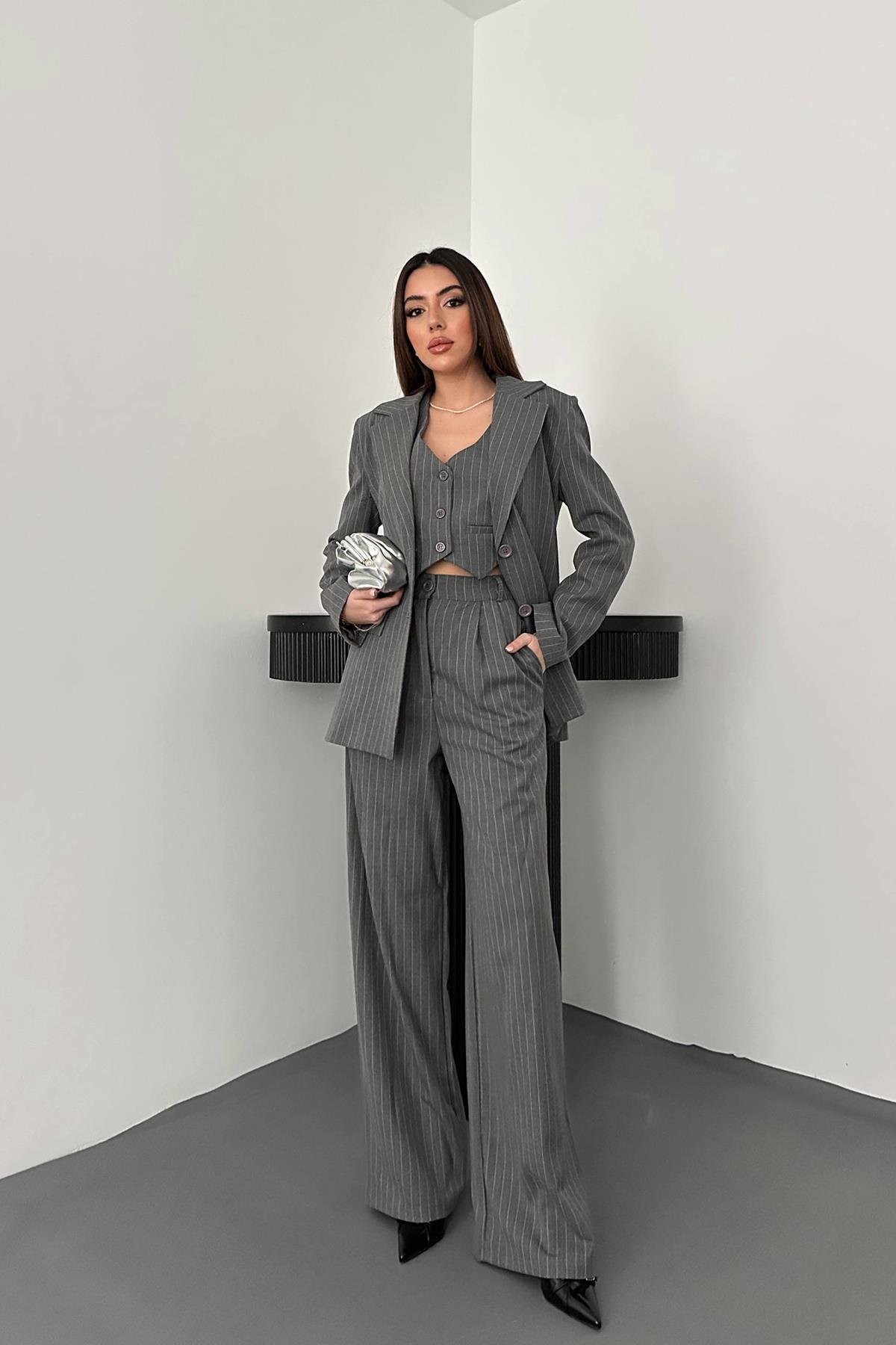 Toptan Gri Çizgili Ceket & Yelek ve Pantolon Takım