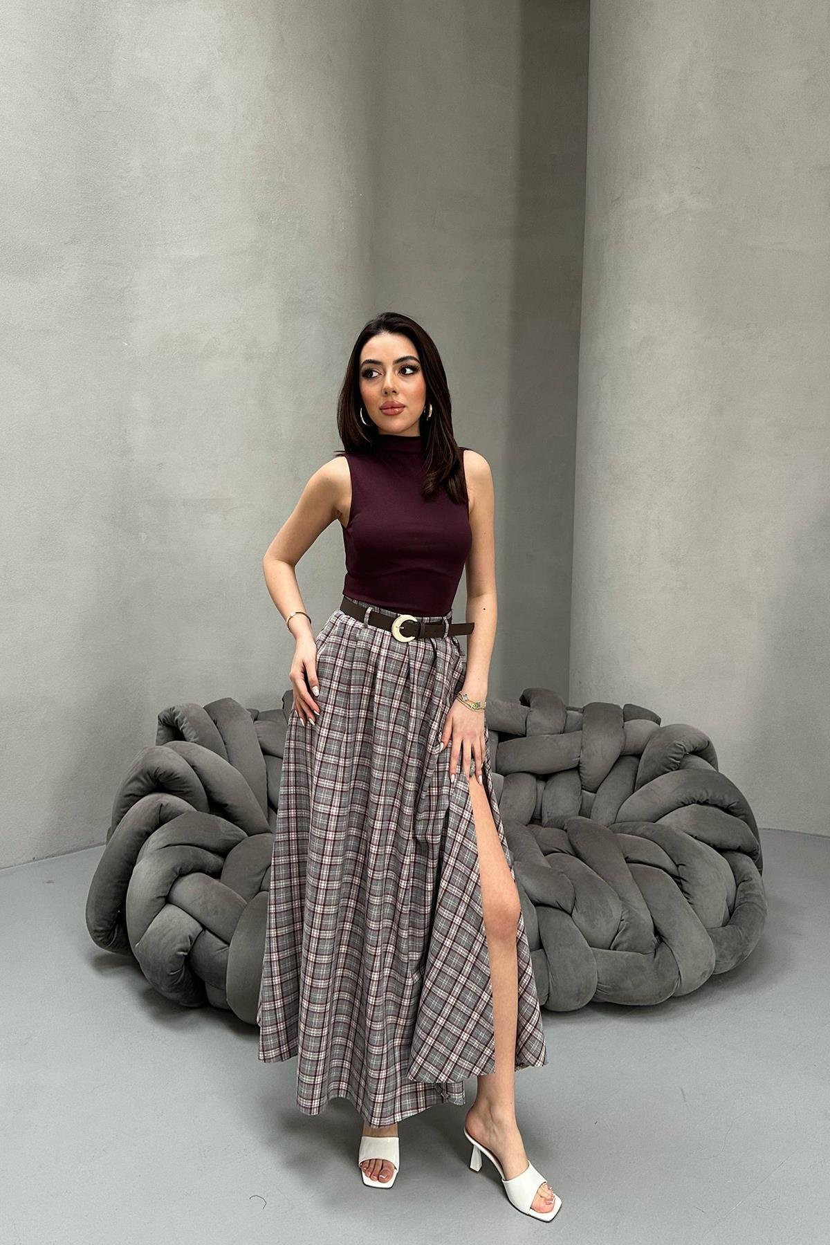 Toptan Gri Ekose Etek