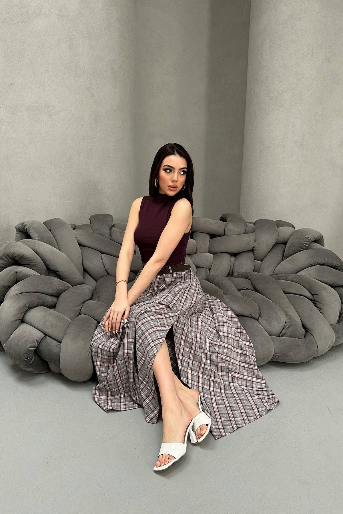 Toptan Gri Ekose Etek