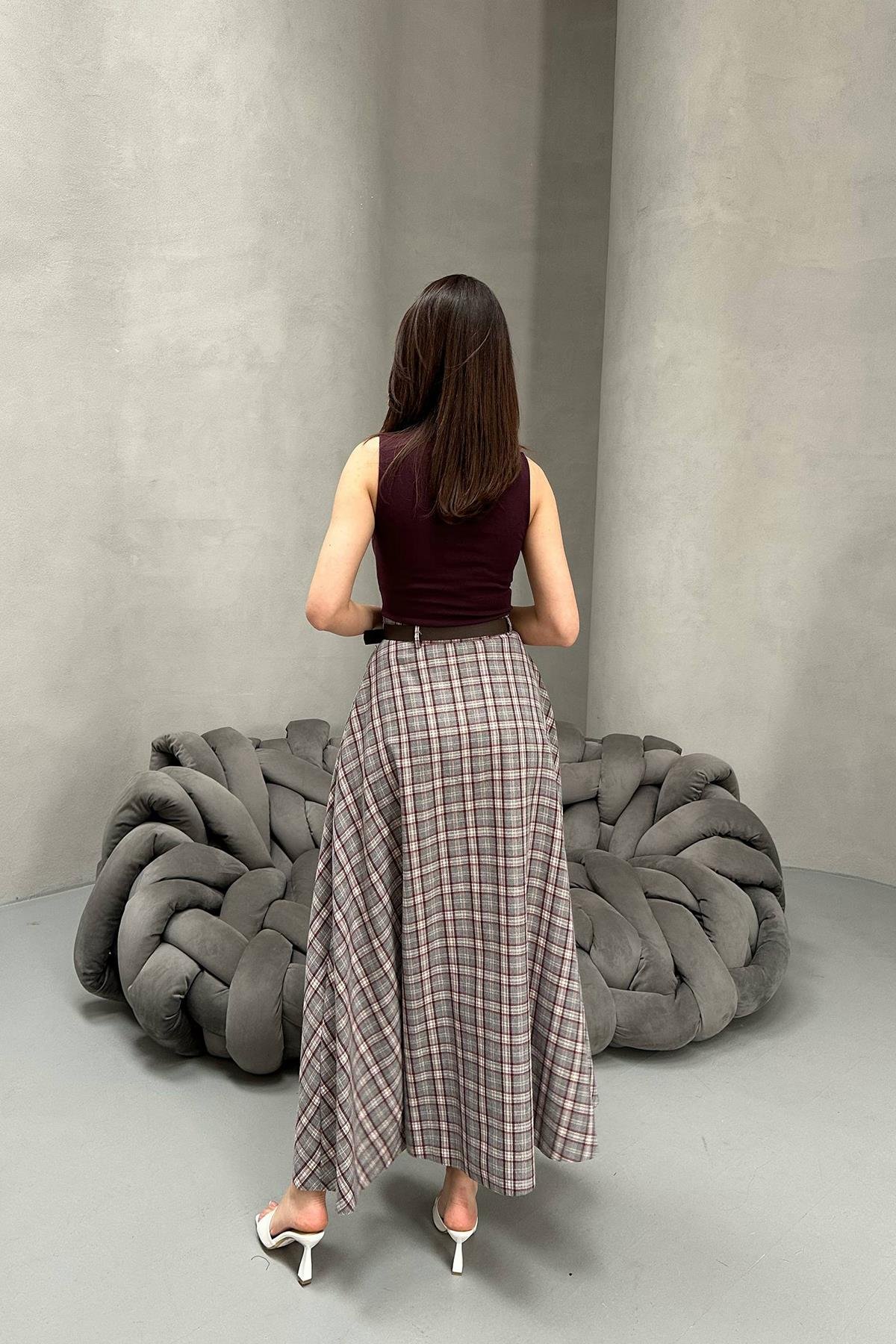 Toptan Gri Ekose Etek