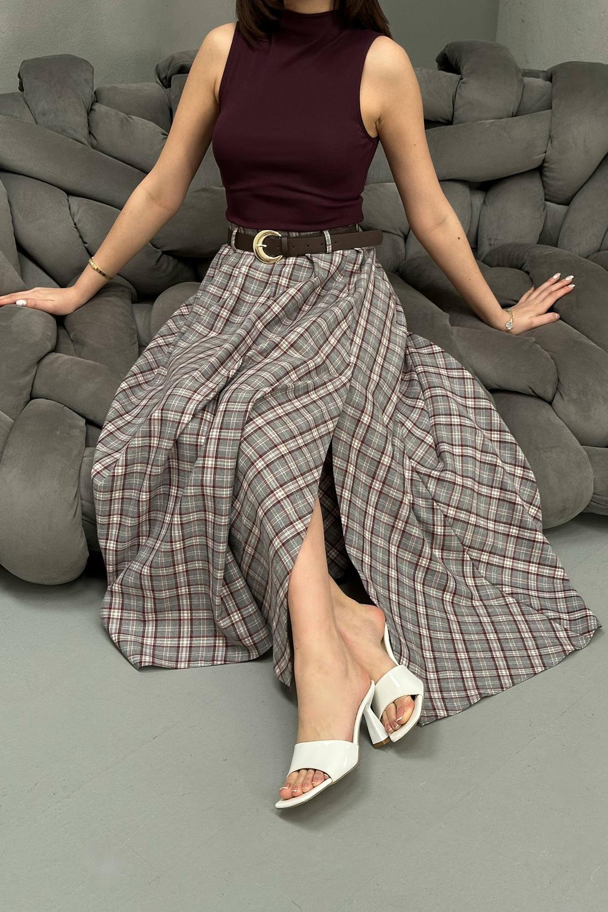 Toptan Gri Ekose Etek