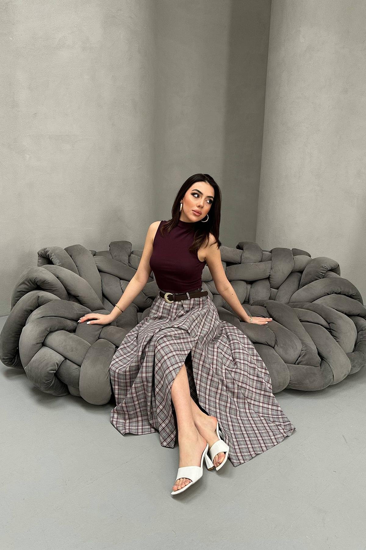 Toptan Gri Ekose Etek