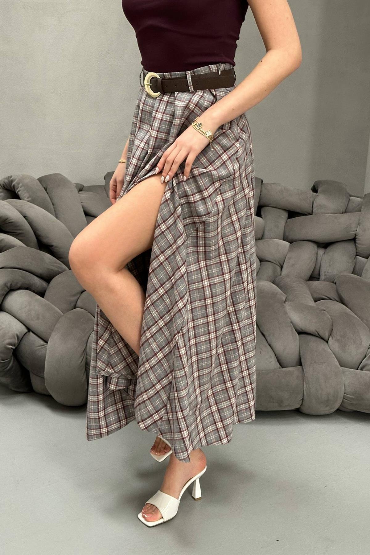 Toptan Gri Ekose Etek