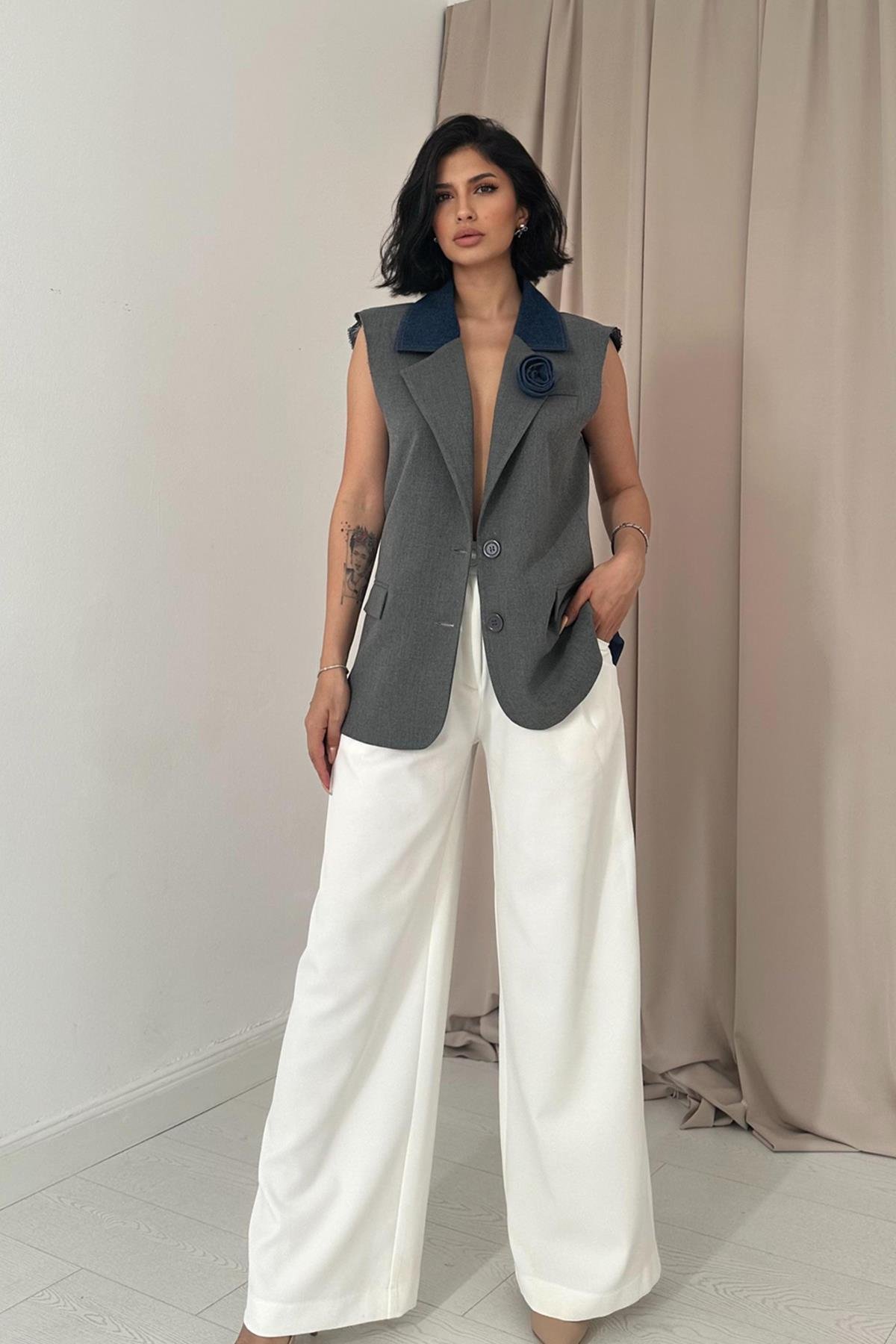 Toptan Gri Kolevi Pis Dikiş Yelek