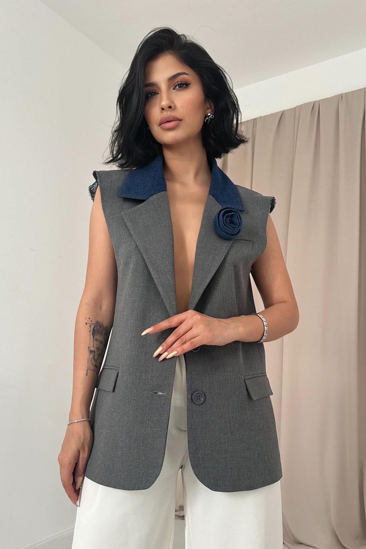 Toptan Gri Kolevi Pis Dikiş Yelek