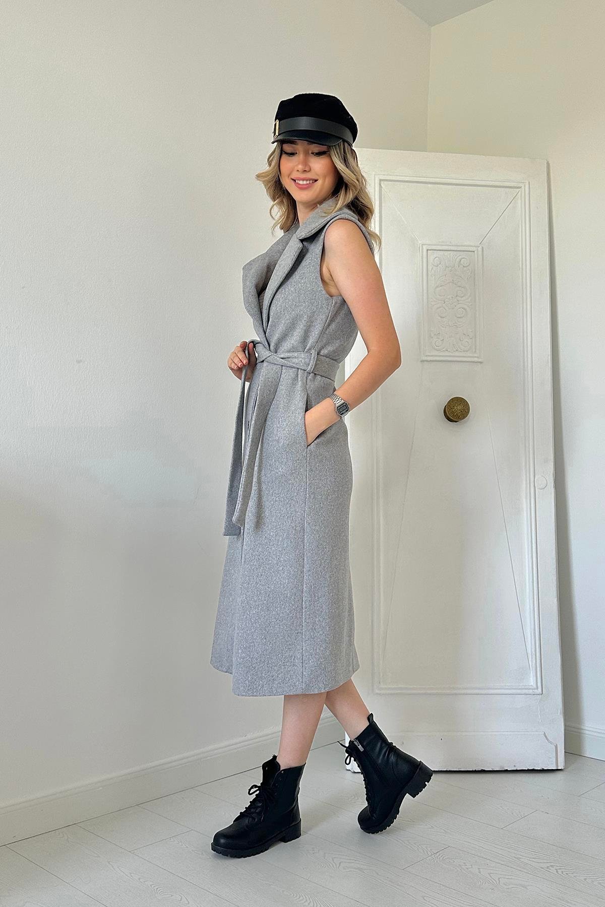 Оптовая продажа серого кашемирового женского пальто без рукавов